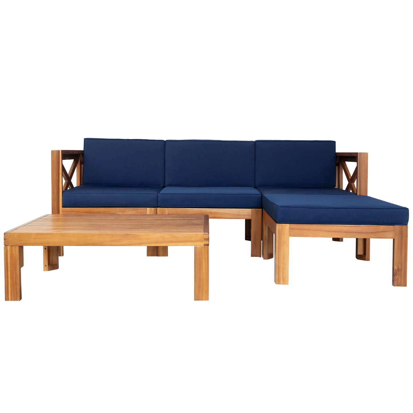 TOPMAX Outdoor Backyard Patio Wood 5-Piece Sectional Sofa Seating Group Set with Cushions, Natural Finish+ Blue Cushions image 11