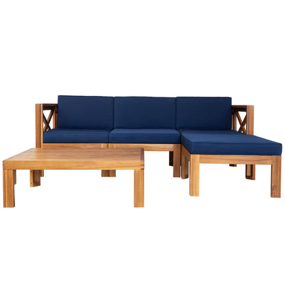 TOPMAX Outdoor Backyard Patio Wood 5-Piece Sectional Sofa Seating Group Set with Cushions, Natural Finish+ Blue Cushions image 11