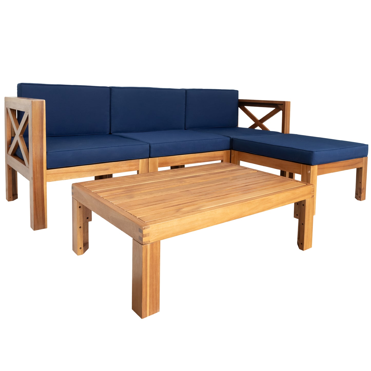 TOPMAX Outdoor Backyard Patio Wood 5-Piece Sectional Sofa Seating Group Set with Cushions, Natural Finish+ Blue Cushions image 12