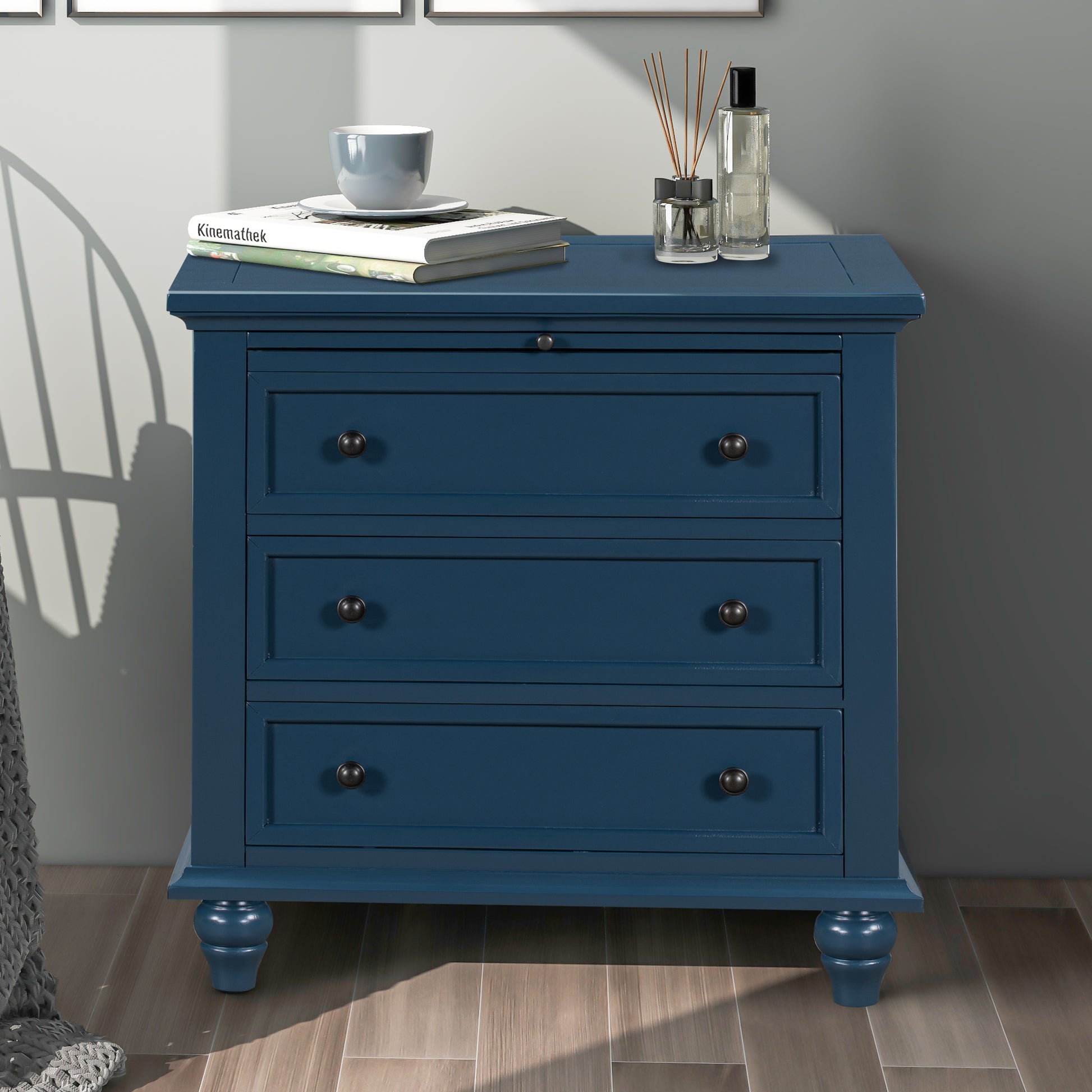 U_STYLE 27.6''Nightstand with Pine Wood veneer, Fashion Bedside Cabinet with 3 Drawers and pull-out tray, Minimalist Sofa Side Table with rubber legs and Metal handle for Bedroom Sofa Couch Office image 1