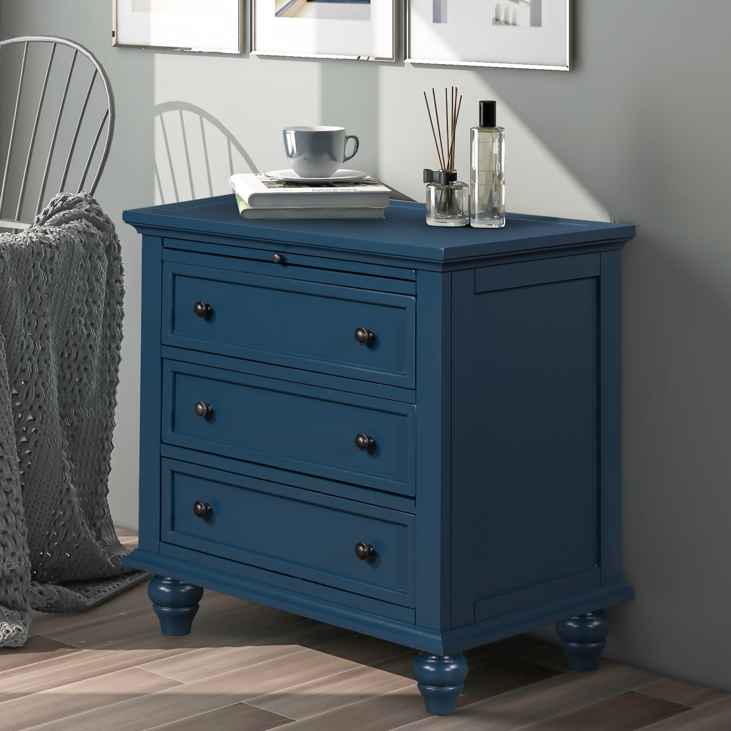 U_STYLE 27.6''Nightstand with Pine Wood veneer, Fashion Bedside Cabinet with 3 Drawers and pull-out tray, Minimalist Sofa Side Table with rubber legs and Metal handle for Bedroom Sofa Couch Office image 2