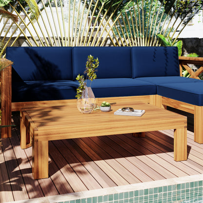 TOPMAX Outdoor Backyard Patio Wood 5-Piece Sectional Sofa Seating Group Set with Cushions, Natural Finish+ Blue Cushions image 5