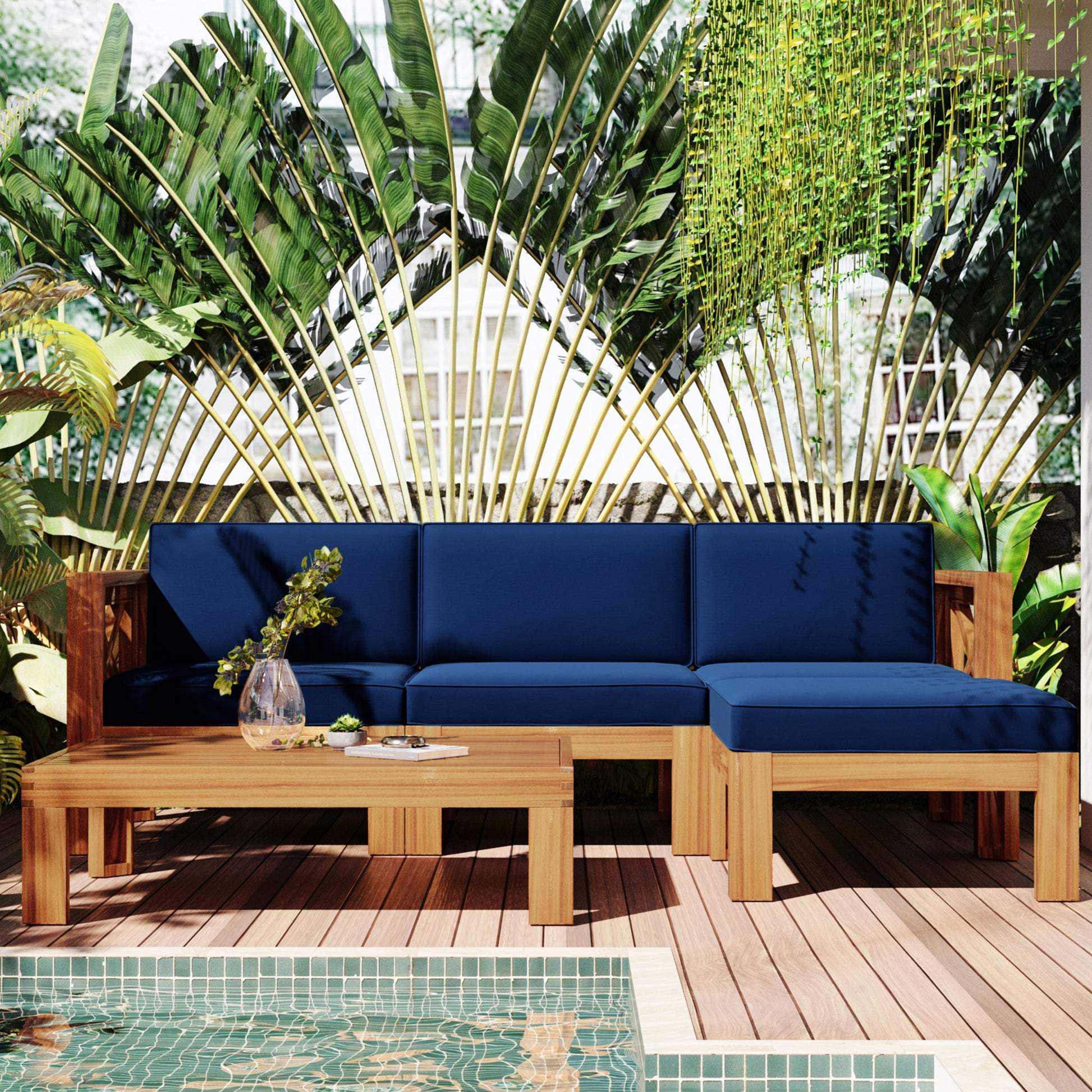 TOPMAX Outdoor Backyard Patio Wood 5-Piece Sectional Sofa Seating Group Set with Cushions, Natural Finish+ Blue Cushions image 1