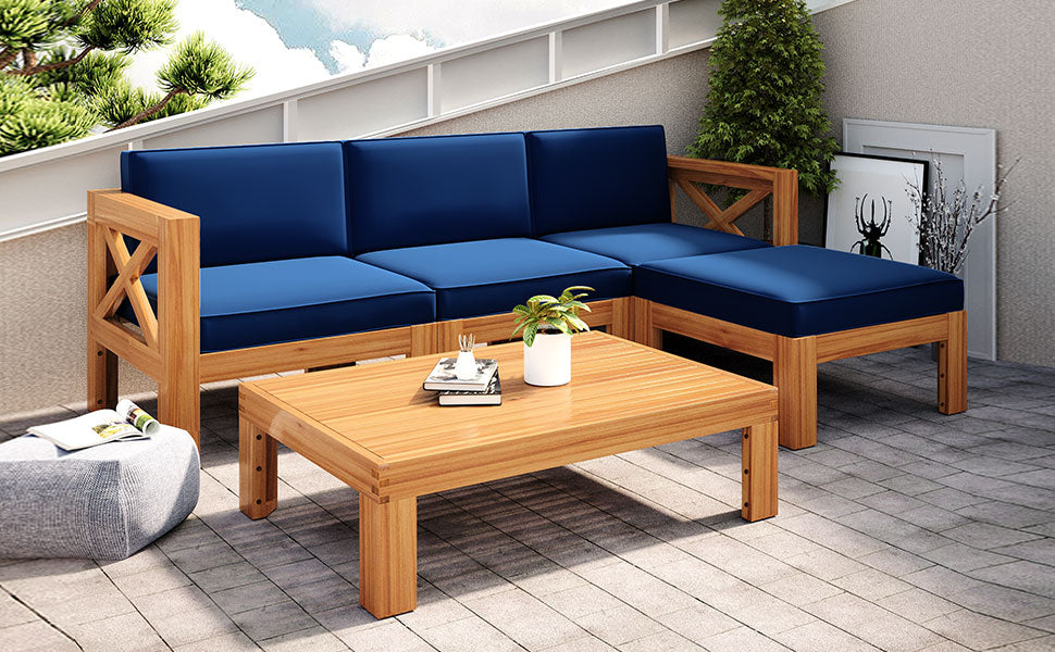 TOPMAX Outdoor Backyard Patio Wood 5-Piece Sectional Sofa Seating Group Set with Cushions, Natural Finish+ Blue Cushions image 4