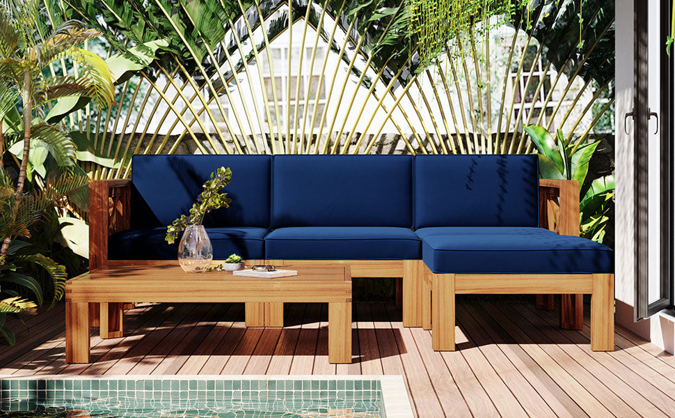 TOPMAX Outdoor Backyard Patio Wood 5-Piece Sectional Sofa Seating Group Set with Cushions, Natural Finish+ Blue Cushions image 3