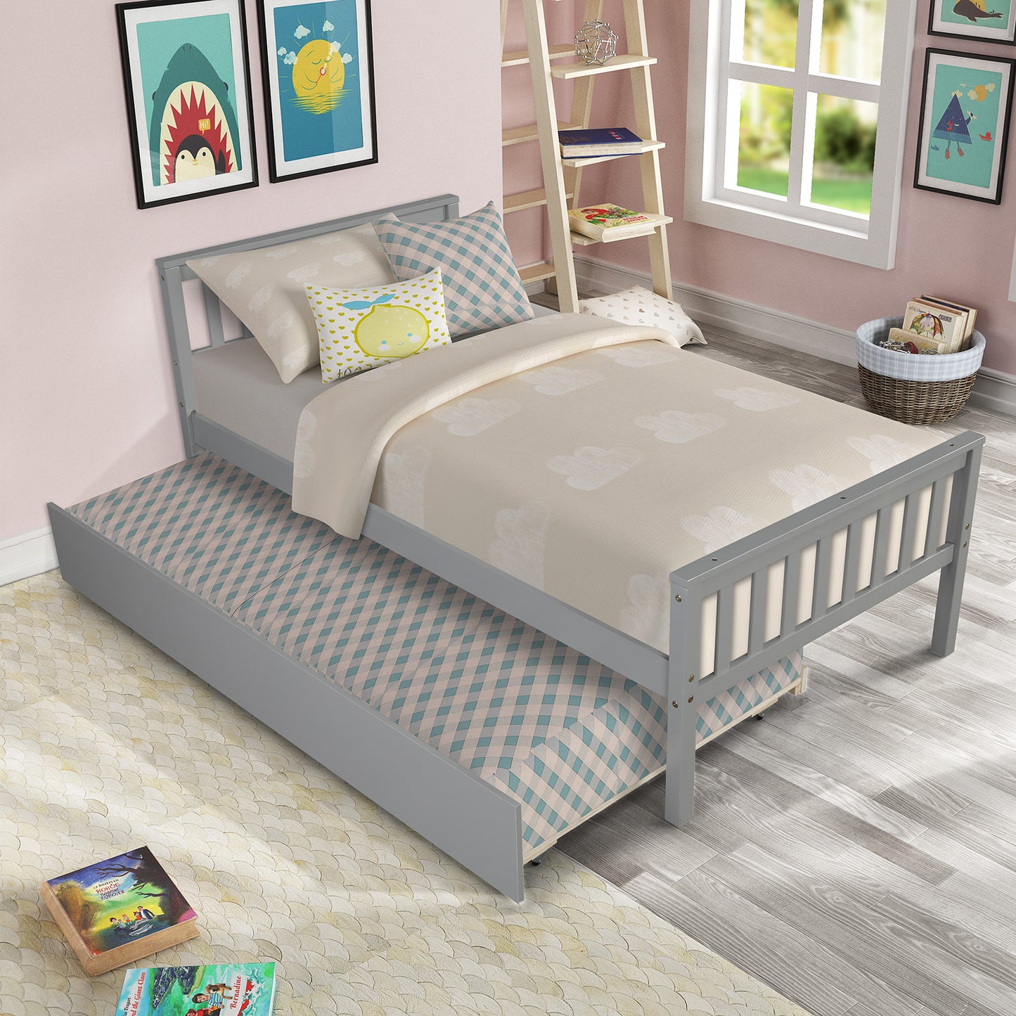 Twin Bed with Trundle, Platform Bed Frame with Headboard and Footboard, for Bedroom Small Living Space,No Box Spring Needed,Grey image 1