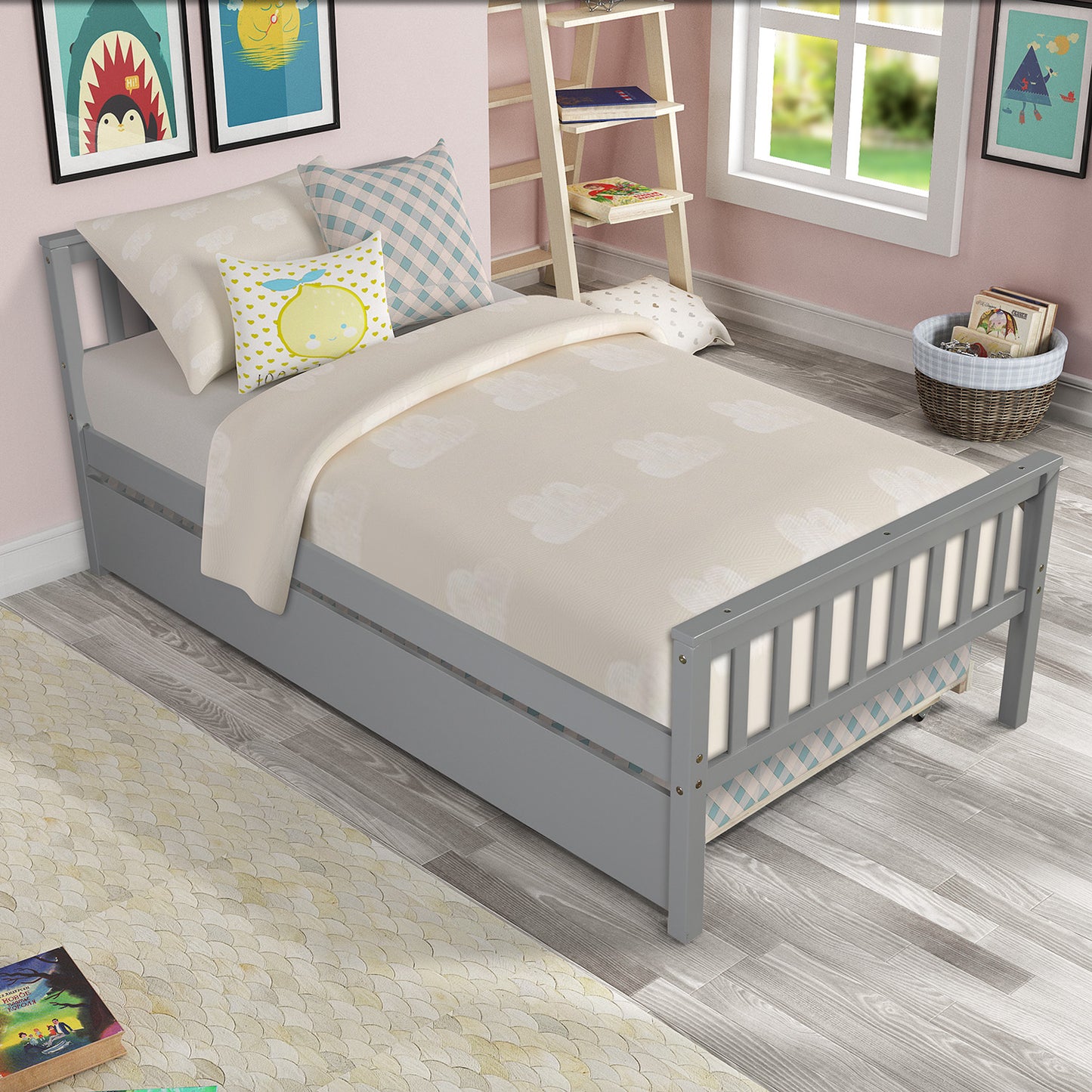 Twin Bed with Trundle, Platform Bed Frame with Headboard and Footboard, for Bedroom Small Living Space,No Box Spring Needed,Grey image 9