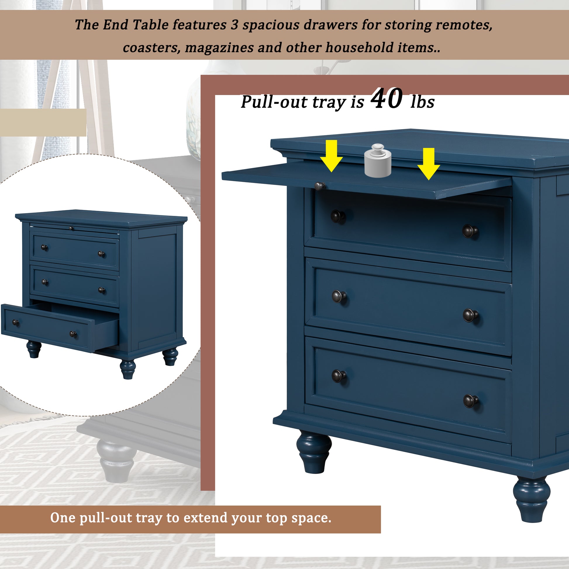 U_STYLE 27.6''Nightstand with Pine Wood veneer, Fashion Bedside Cabinet with 3 Drawers and pull-out tray, Minimalist Sofa Side Table with rubber legs and Metal handle for Bedroom Sofa Couch Office image 5