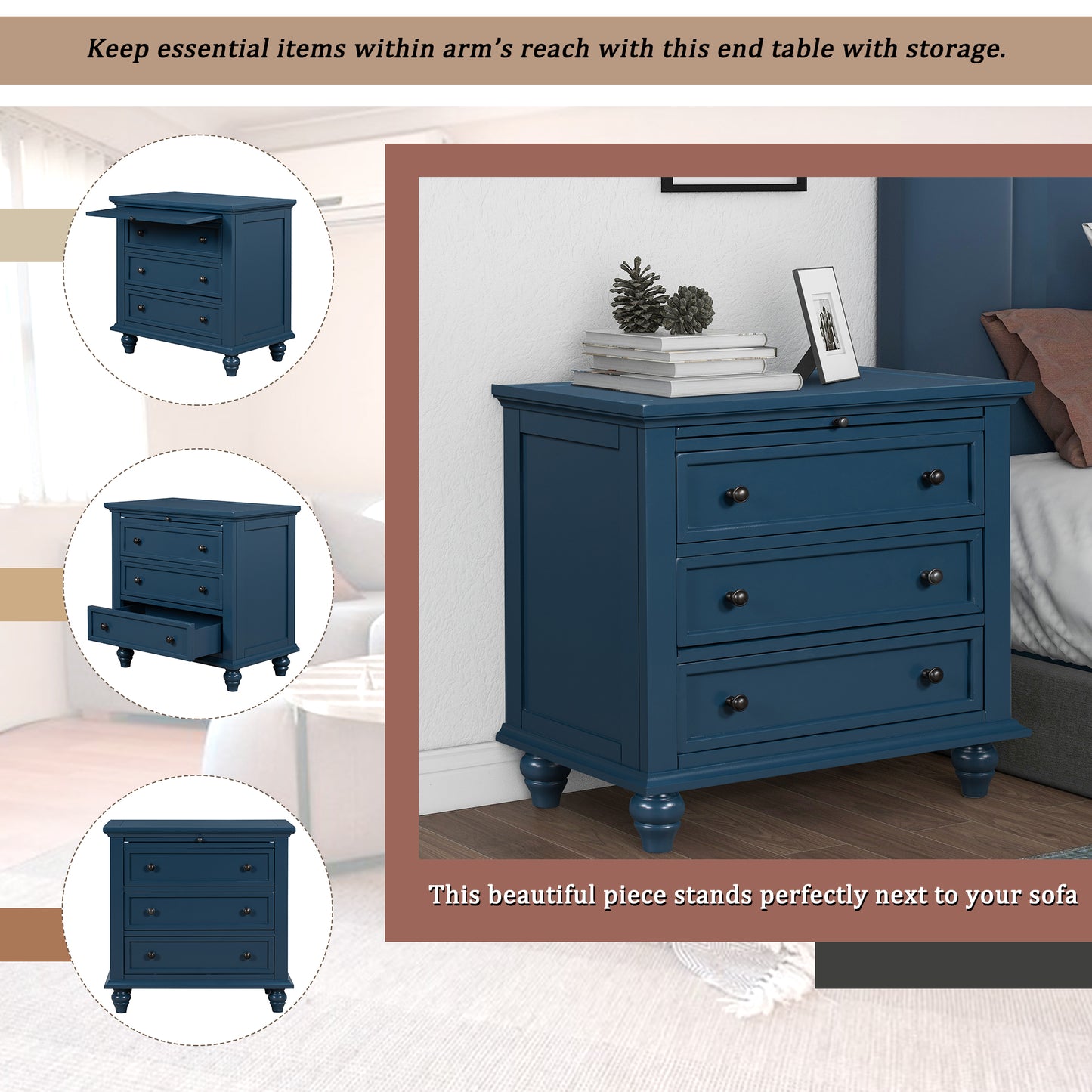 U_STYLE 27.6''Nightstand with Pine Wood veneer, Fashion Bedside Cabinet with 3 Drawers and pull-out tray, Minimalist Sofa Side Table with rubber legs and Metal handle for Bedroom Sofa Couch Office image 3