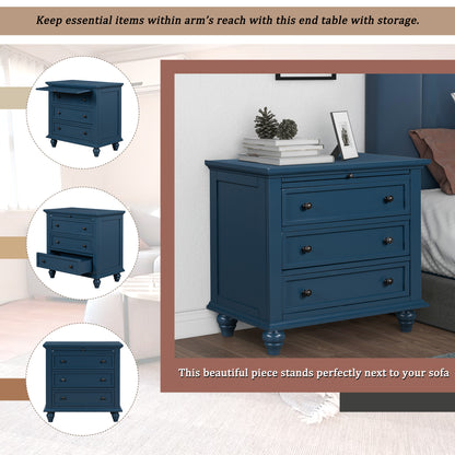 U_STYLE 27.6''Nightstand with Pine Wood veneer, Fashion Bedside Cabinet with 3 Drawers and pull-out tray, Minimalist Sofa Side Table with rubber legs and Metal handle for Bedroom Sofa Couch Office image 3