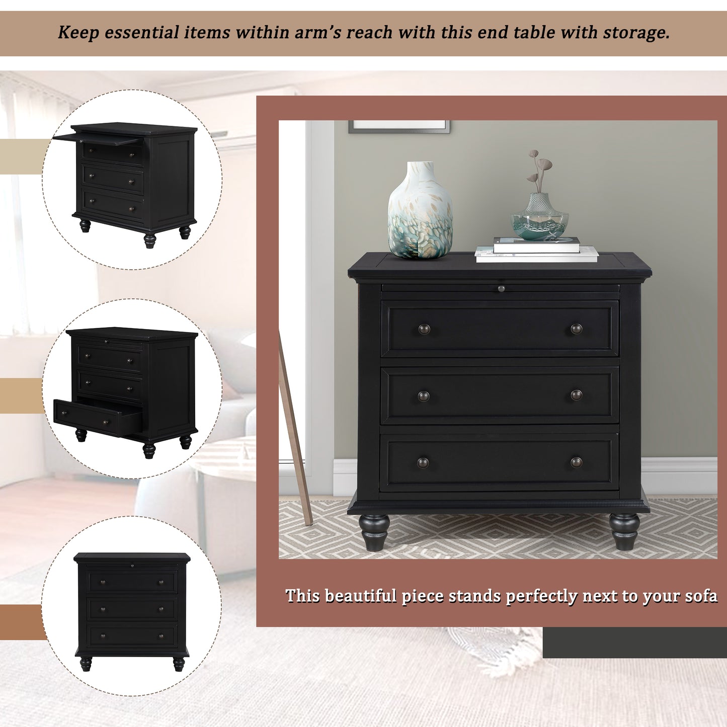 U_STYLE 27.6'' Painted Nightstand with pull-out tray, Fashion Bedside Cabinet with 3 Drawers, Minimalist Sofa Side Table with rubber legs and Metal handle for Bedroom Sofa Couch Office image 3