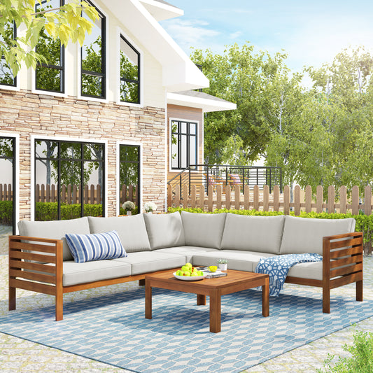 <Old SKU: FV201207AAK. Note: Modify Size>Wood Structure Outdoor Sofa Set with beige Cushions Exotic design Water-resistant and UV Protected texture High quality acacia wood Strong Metal Accessories image 1