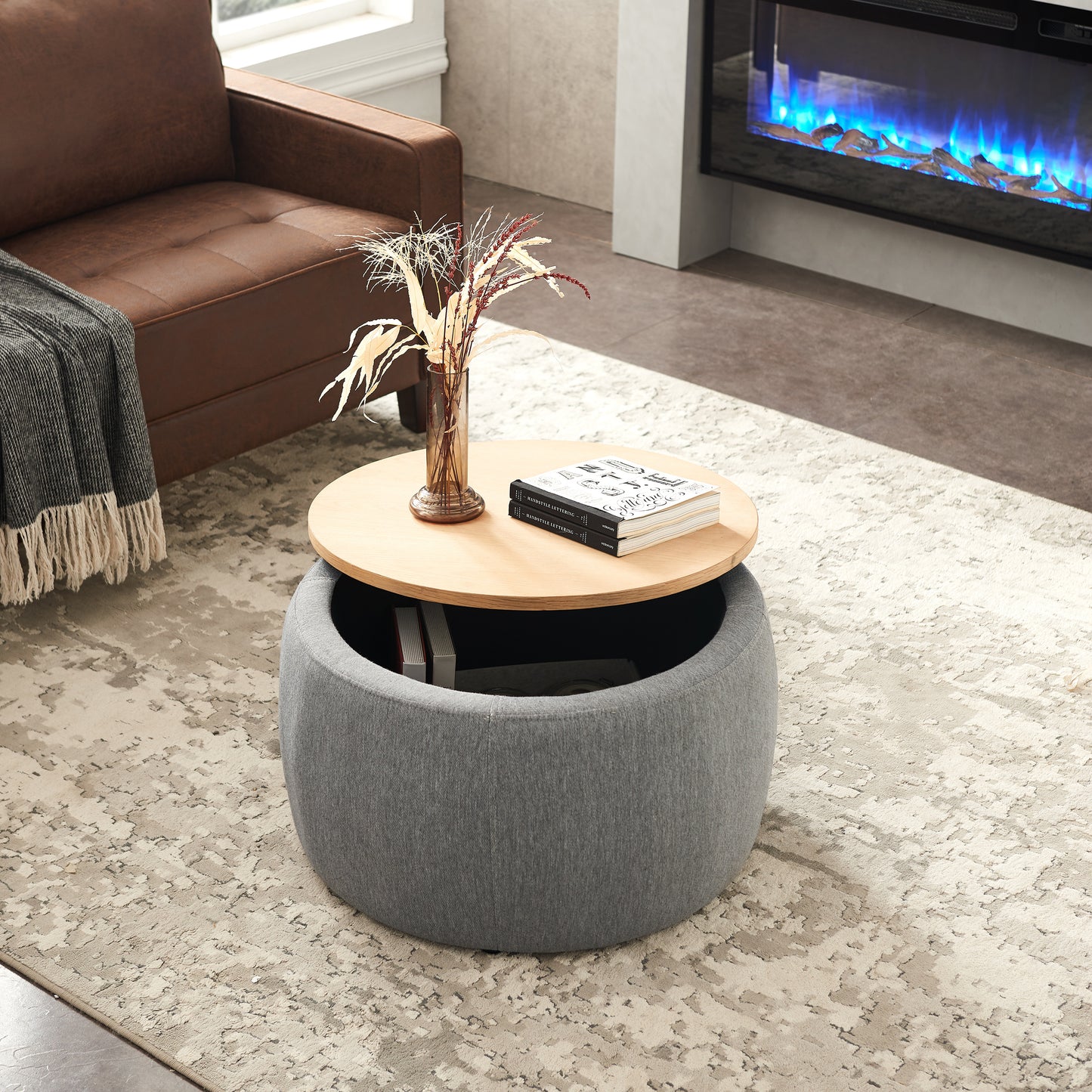 Round Storage Ottoman, 2 in 1 Function, Work as End table and Ottoman, Dark Grey (25.5"x25.5"x14.5") image 1