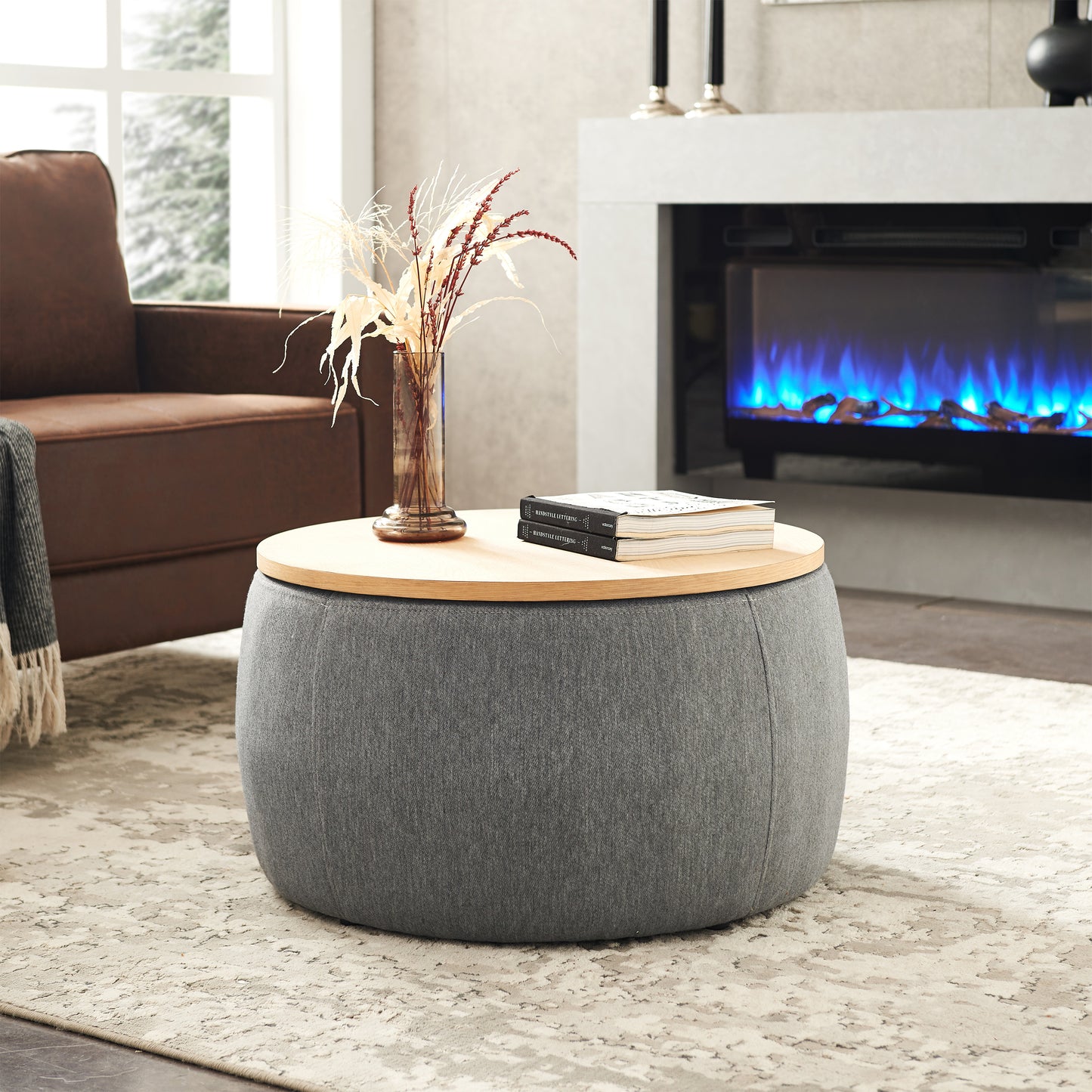 Round Storage Ottoman, 2 in 1 Function, Work as End table and Ottoman, Dark Grey (25.5"x25.5"x14.5") image 5