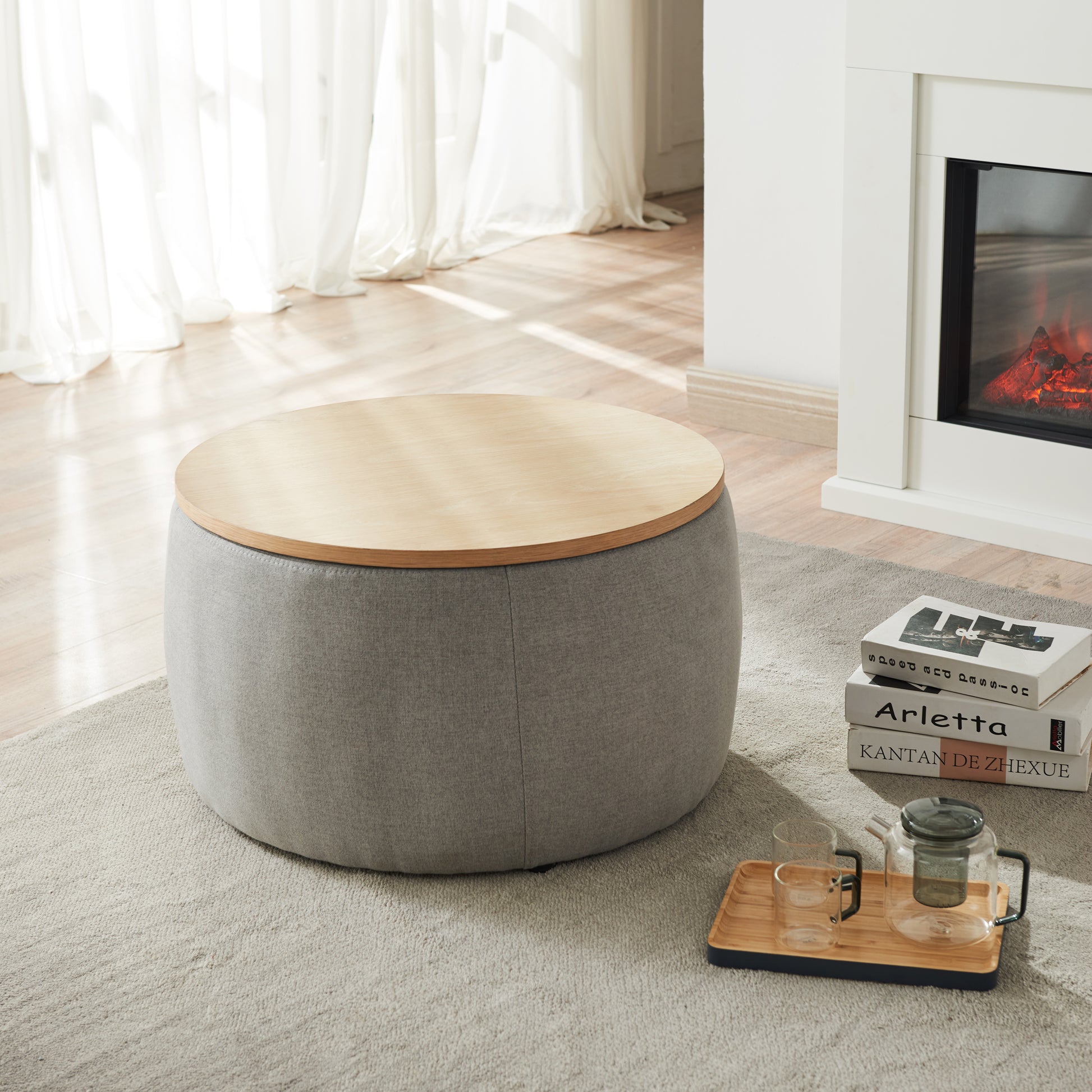 Round Storage Ottoman, 2 in 1 Function, Work as End table and Ottoman, Dark Grey (25.5"x25.5"x14.5") image 7