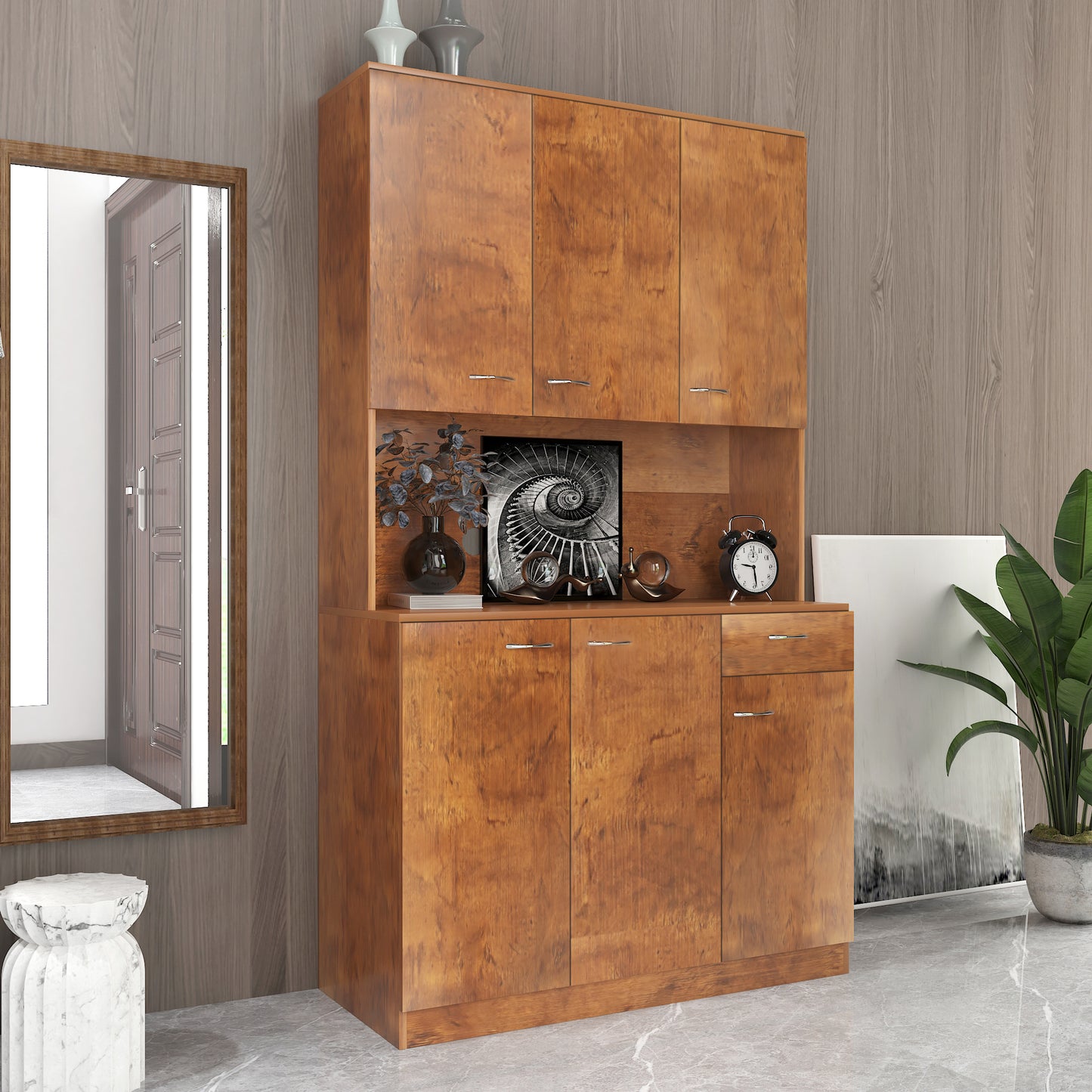 70.87" Tall Wardrobe& Kitchen Cabinet, with 6-Doors, 1-Open Shelves and 1-Drawer for bedroom,Walnut image 5