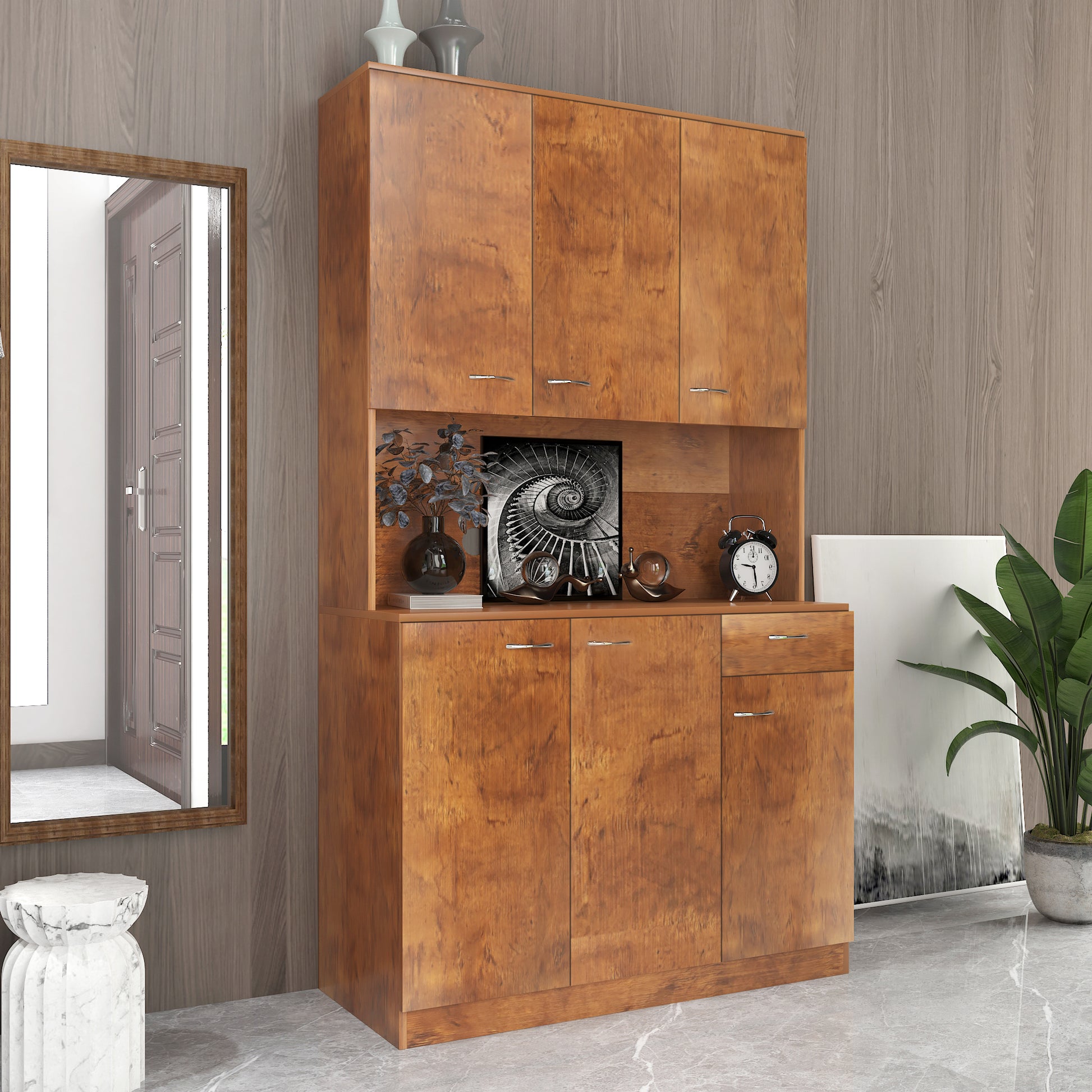70.87" Tall Wardrobe& Kitchen Cabinet, with 6-Doors, 1-Open Shelves and 1-Drawer for bedroom,Walnut image 5