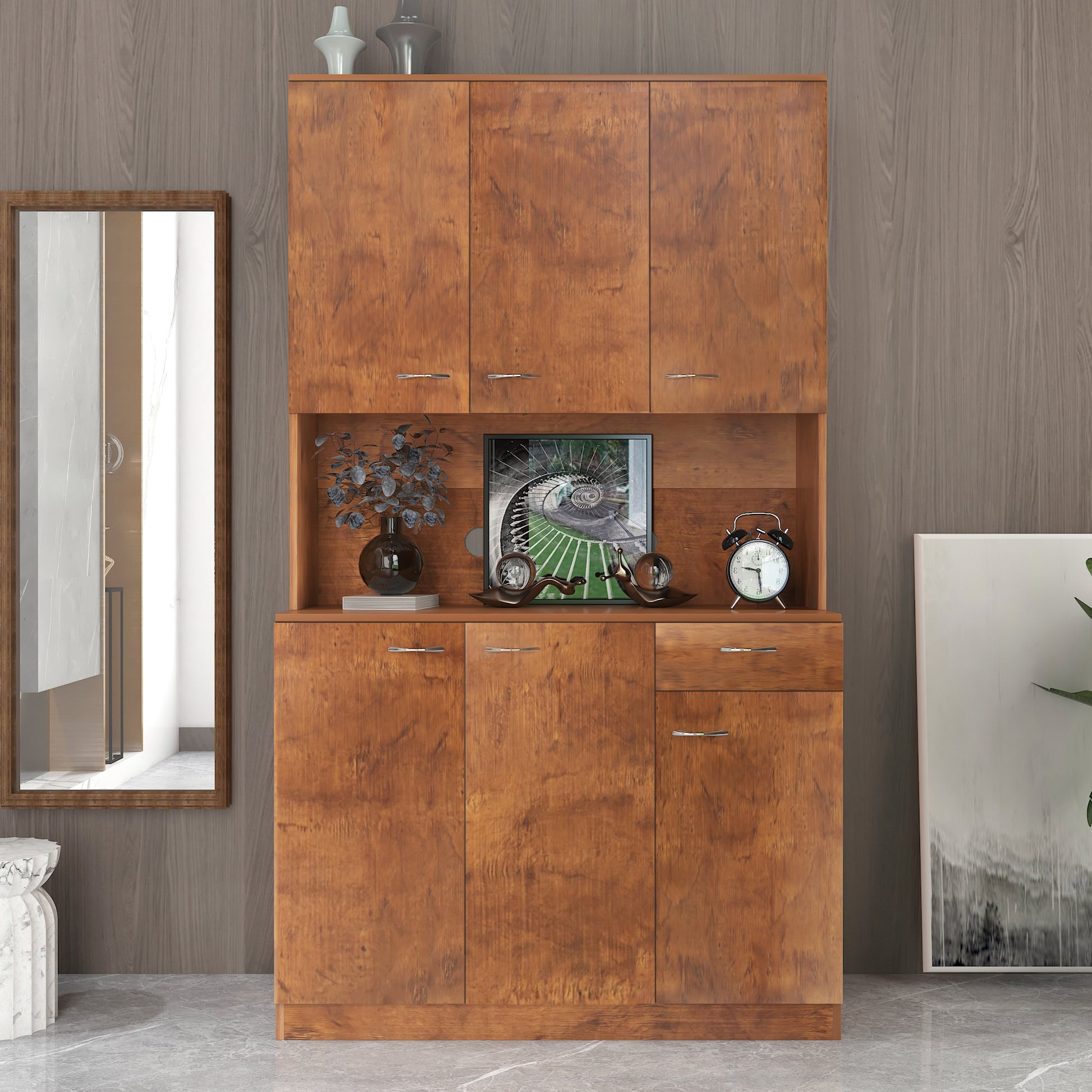 70.87" Tall Wardrobe& Kitchen Cabinet, with 6-Doors, 1-Open Shelves and 1-Drawer for bedroom,Walnut image 4