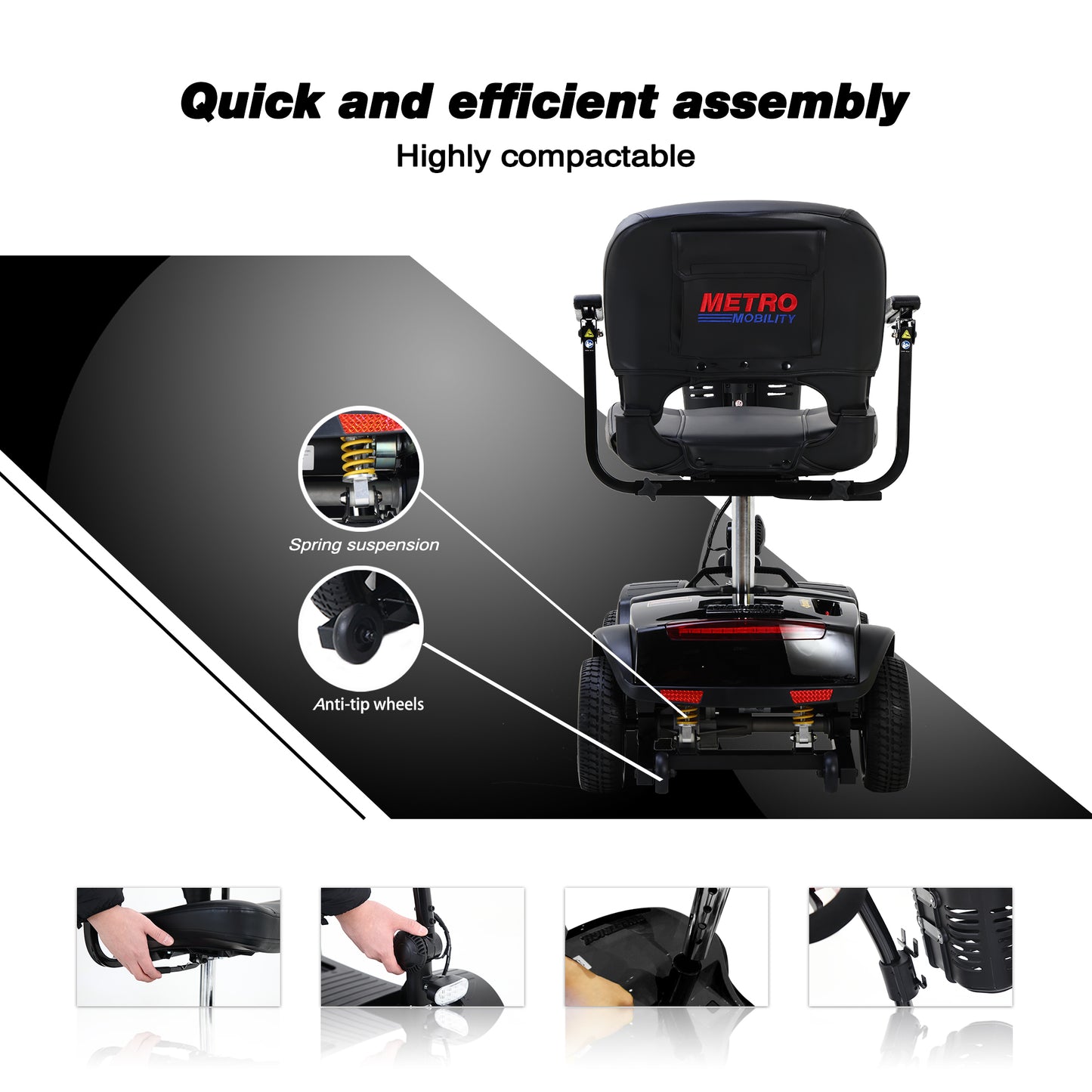 Four wheels Compact Travel Mobility Scooter with 300W Motor for Adult-300lbs, Gloss Black image 4