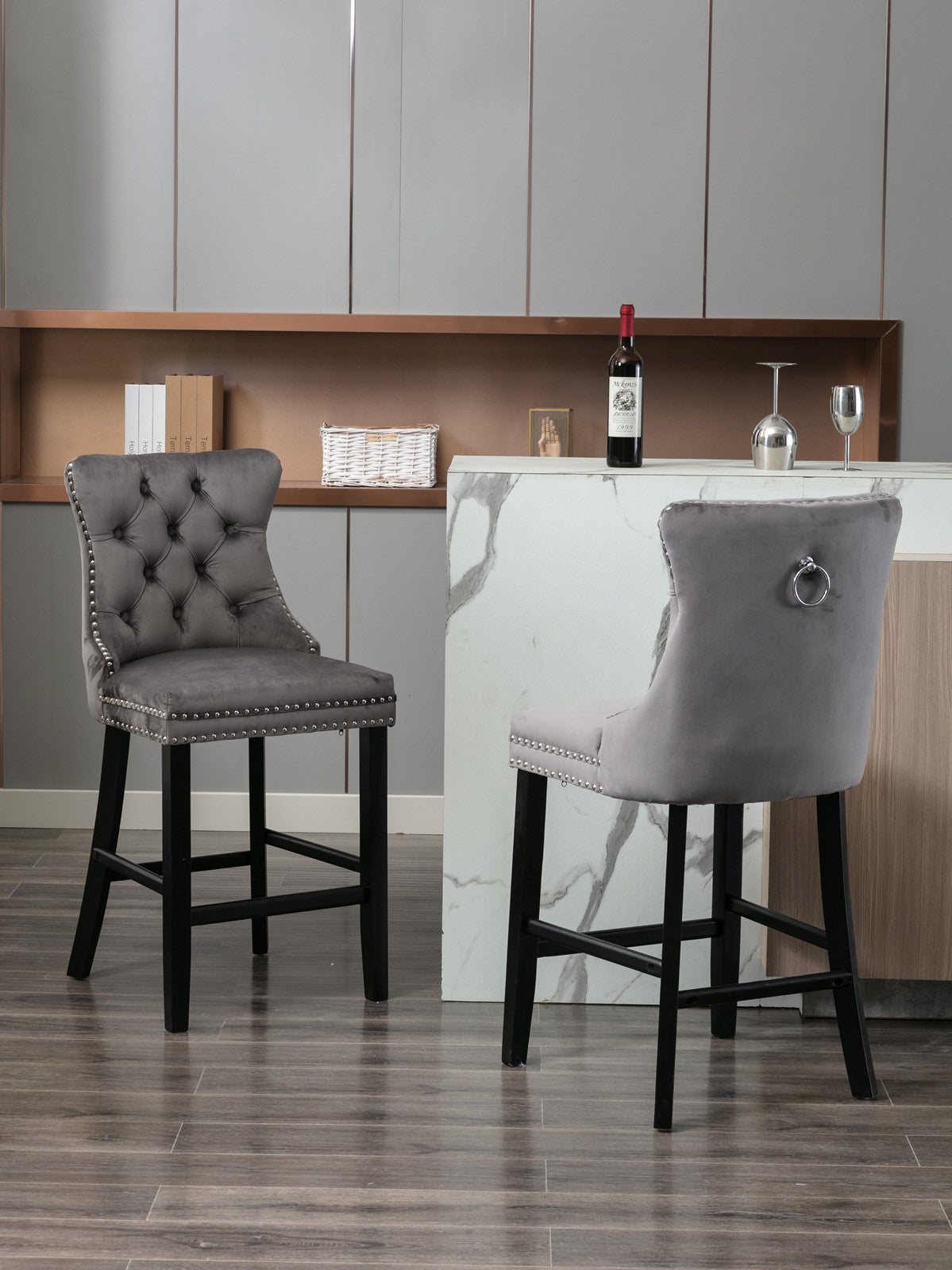 Contemporary Velvet Upholstered Barstools with Button Tufted Decoration and Wooden Legs, and Chrome Nailhead Trim, Leisure Style Bar Chairs,Bar stools, Set of 2 (Gray),SW1902GY image 11
