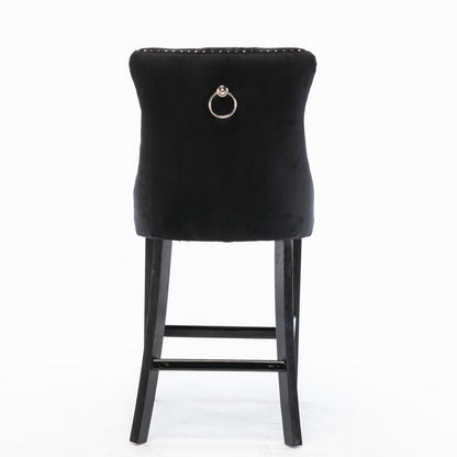 Contemporary Velvet Upholstered Barstools with Button Tufted Decoration and Wooden Legs, and Chrome Nailhead Trim, Leisure Style Bar Chairs,Bar stools, Set of 2 (Black),SW2002BK image 6