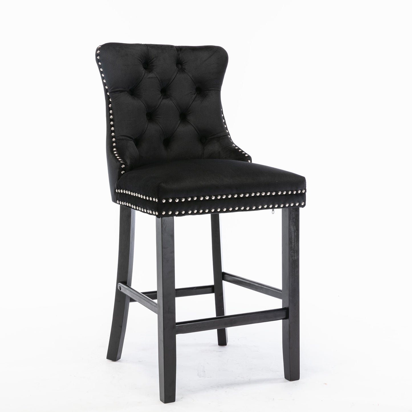 Contemporary Velvet Upholstered Barstools with Button Tufted Decoration and Wooden Legs, and Chrome Nailhead Trim, Leisure Style Bar Chairs,Bar stools, Set of 2 (Black),SW2002BK image 3