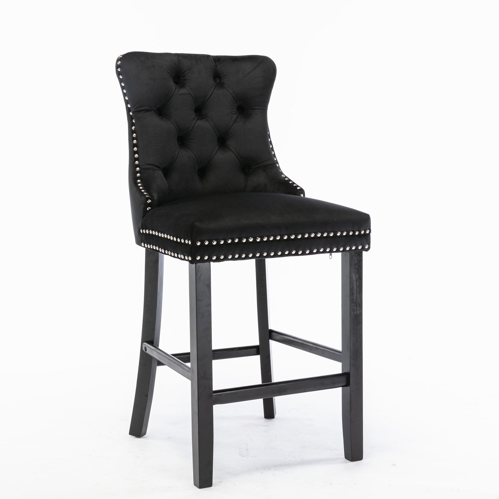 Contemporary Velvet Upholstered Barstools with Button Tufted Decoration and Wooden Legs, and Chrome Nailhead Trim, Leisure Style Bar Chairs,Bar stools, Set of 2 (Black),SW2002BK image 3