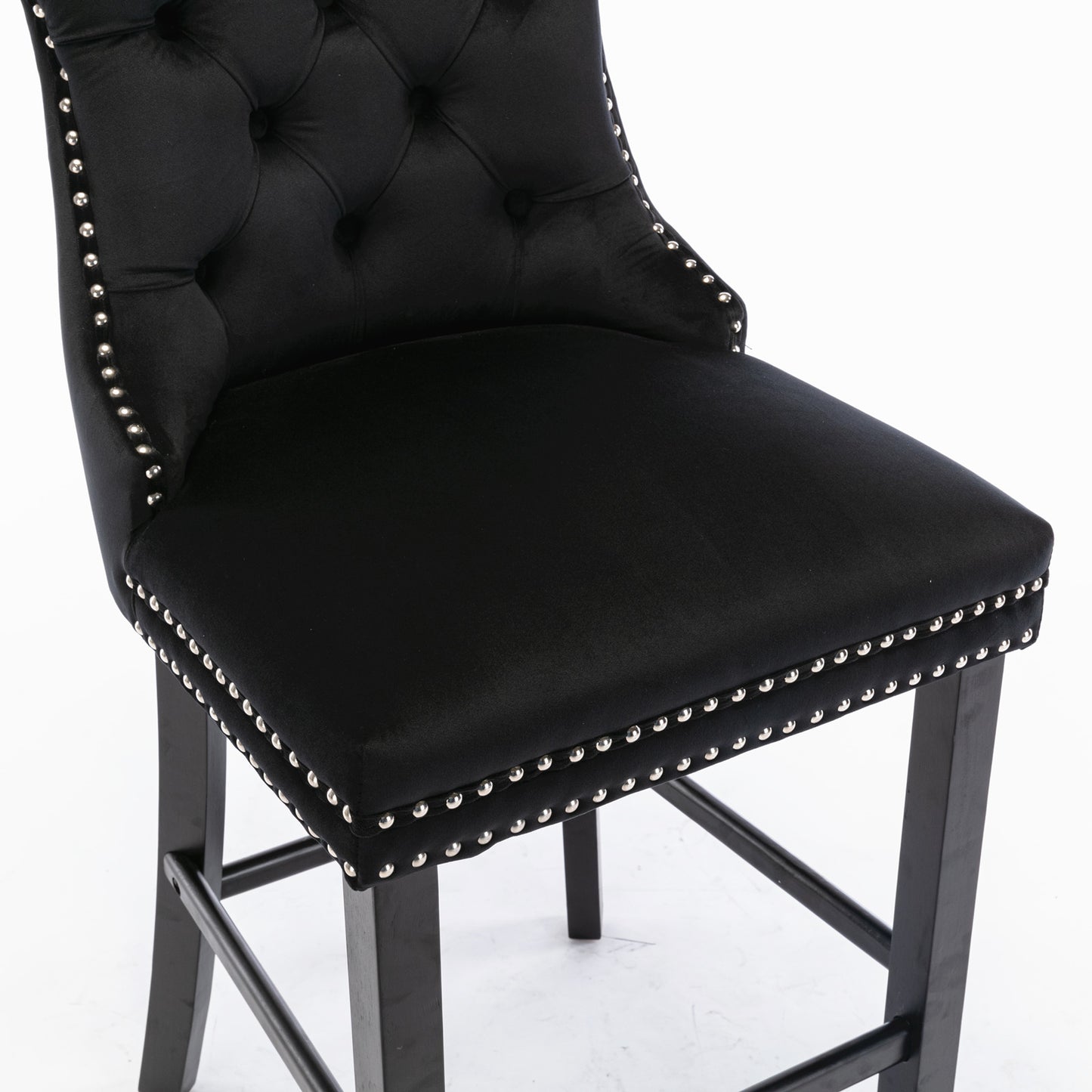 Contemporary Velvet Upholstered Barstools with Button Tufted Decoration and Wooden Legs, and Chrome Nailhead Trim, Leisure Style Bar Chairs,Bar stools, Set of 2 (Black),SW2002BK image 9