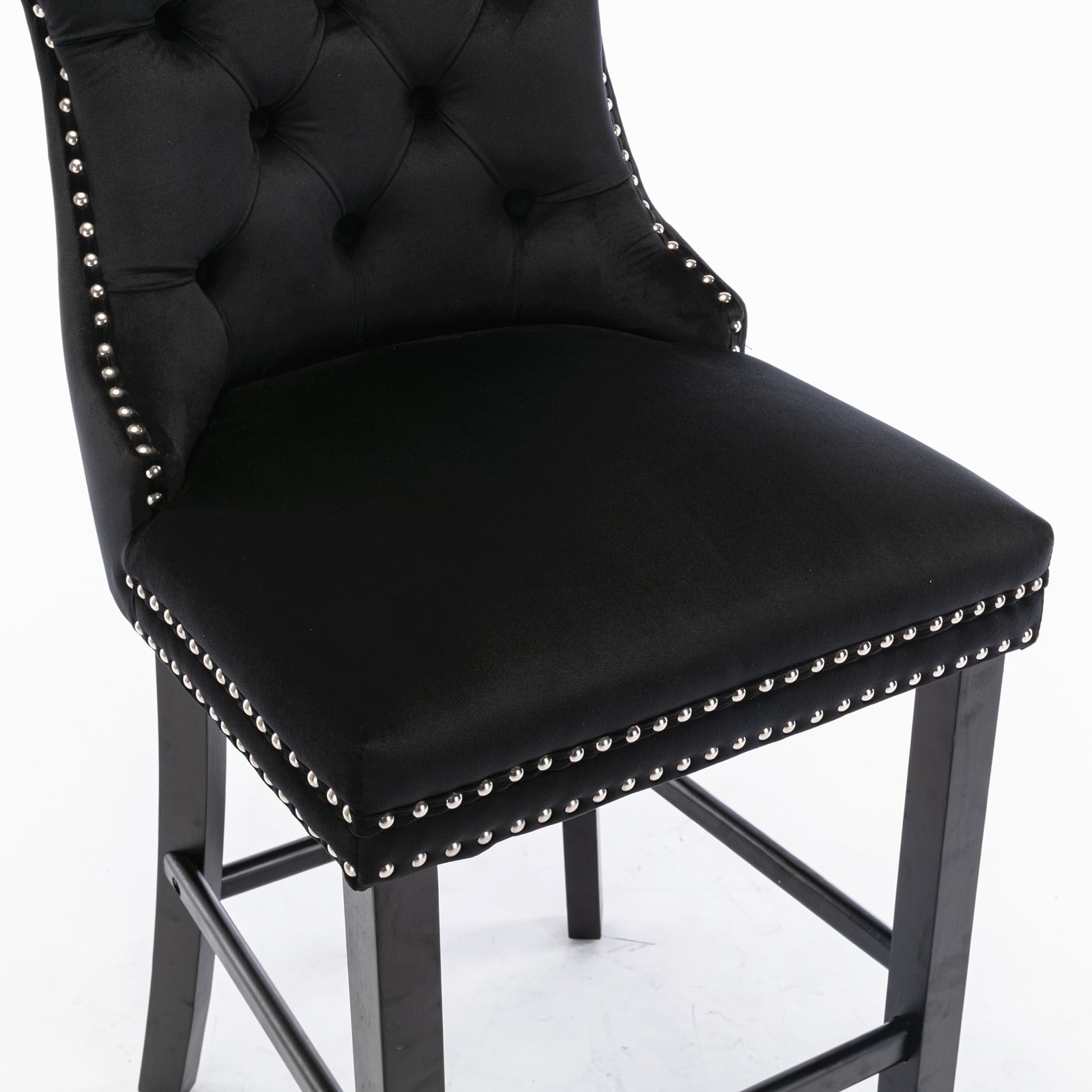 Contemporary Velvet Upholstered Barstools with Button Tufted Decoration and Wooden Legs, and Chrome Nailhead Trim, Leisure Style Bar Chairs,Bar stools, Set of 2 (Black),SW2002BK image 9
