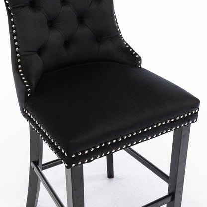 Contemporary Velvet Upholstered Barstools with Button Tufted Decoration and Wooden Legs, and Chrome Nailhead Trim, Leisure Style Bar Chairs,Bar stools, Set of 2 (Black),SW2002BK image 9