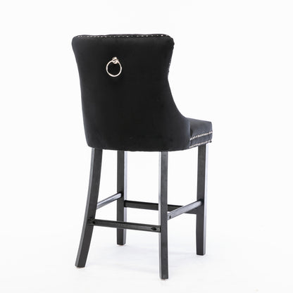Contemporary Velvet Upholstered Barstools with Button Tufted Decoration and Wooden Legs, and Chrome Nailhead Trim, Leisure Style Bar Chairs,Bar stools, Set of 2 (Black),SW2002BK image 5