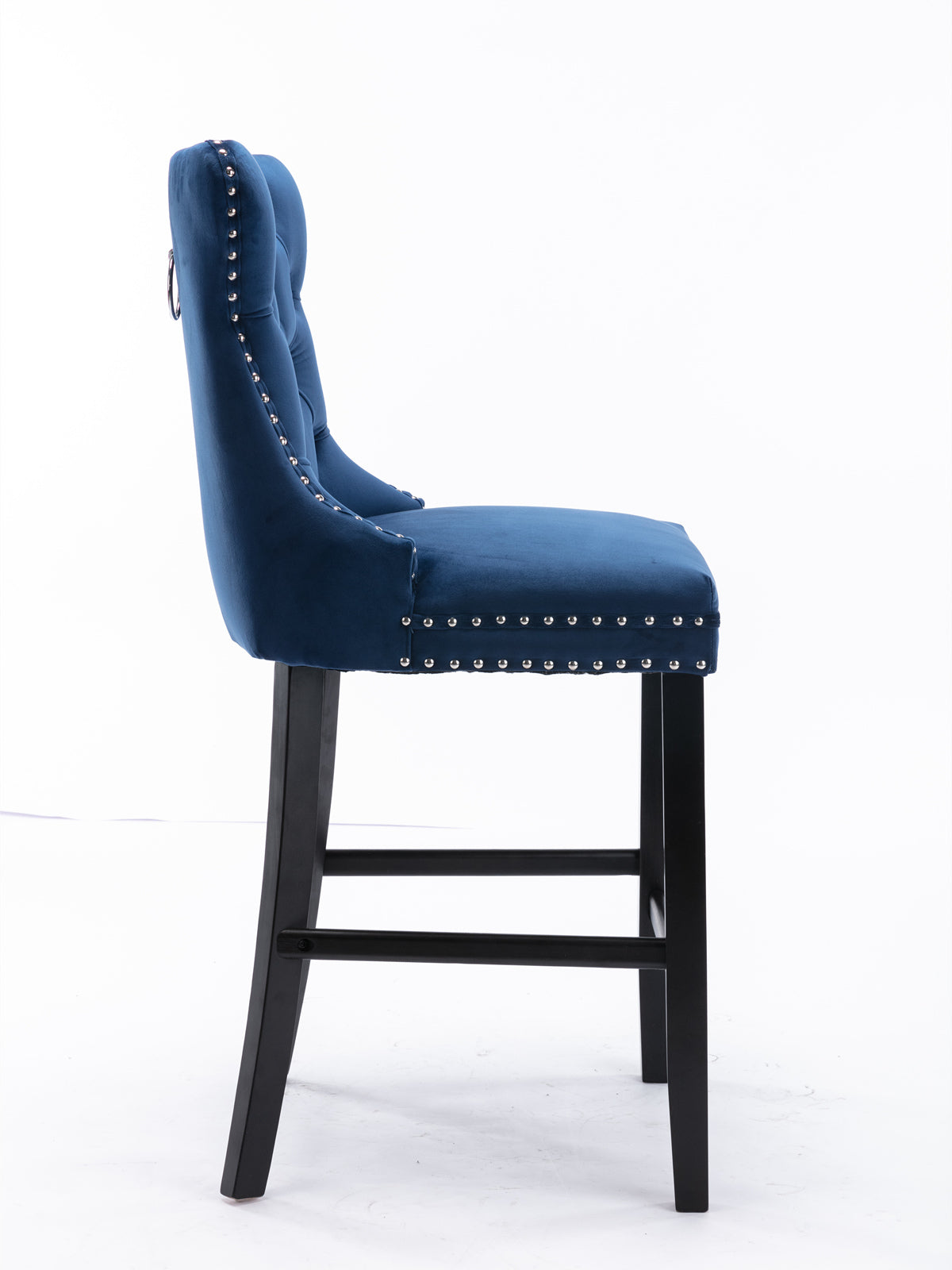 Contemporary Velvet Upholstered Barstools with Button Tufted Decoration and Wooden Legs, and Chrome Nailhead Trim, Leisure Style Bar Chairs,Bar stools, Set of 2 (Blue),SW2002BL image 4
