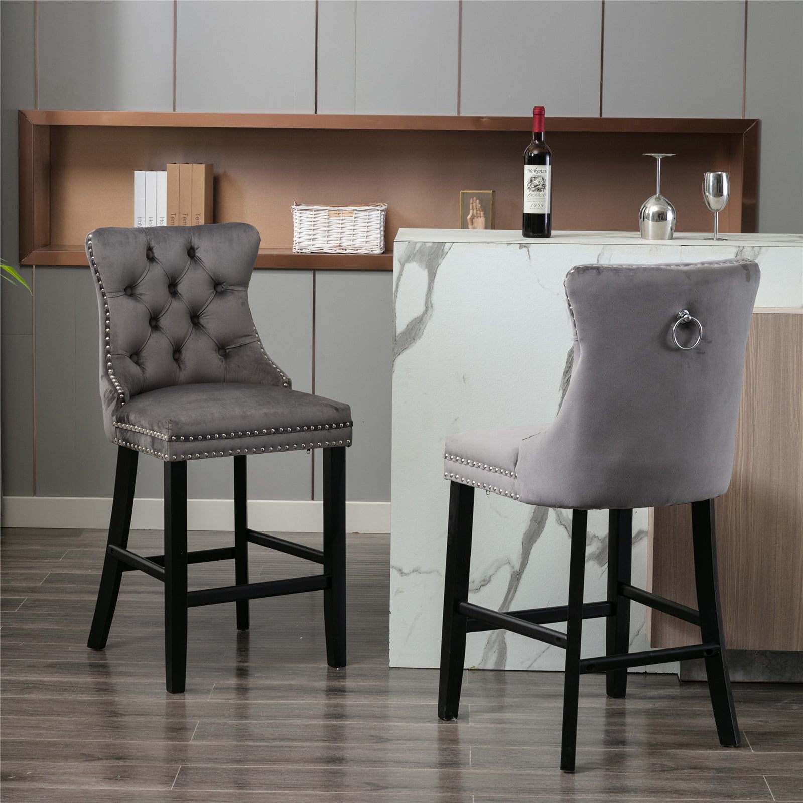 Contemporary Velvet Upholstered Barstools with Button Tufted Decoration and Wooden Legs, and Chrome Nailhead Trim, Leisure Style Bar Chairs,Bar stools, Set of 2 (Gray),SW1902GY image 1