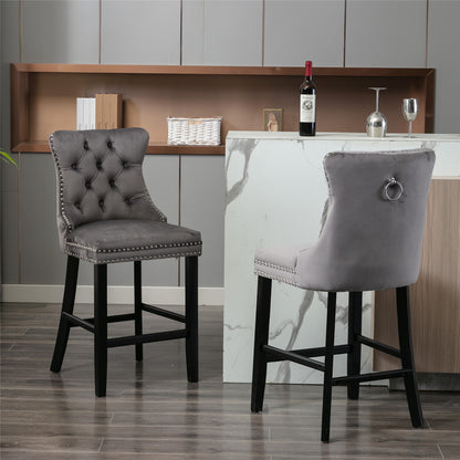 Contemporary Velvet Upholstered Barstools with Button Tufted Decoration and Wooden Legs, and Chrome Nailhead Trim, Leisure Style Bar Chairs,Bar stools, Set of 2 (Gray),SW1902GY image 1