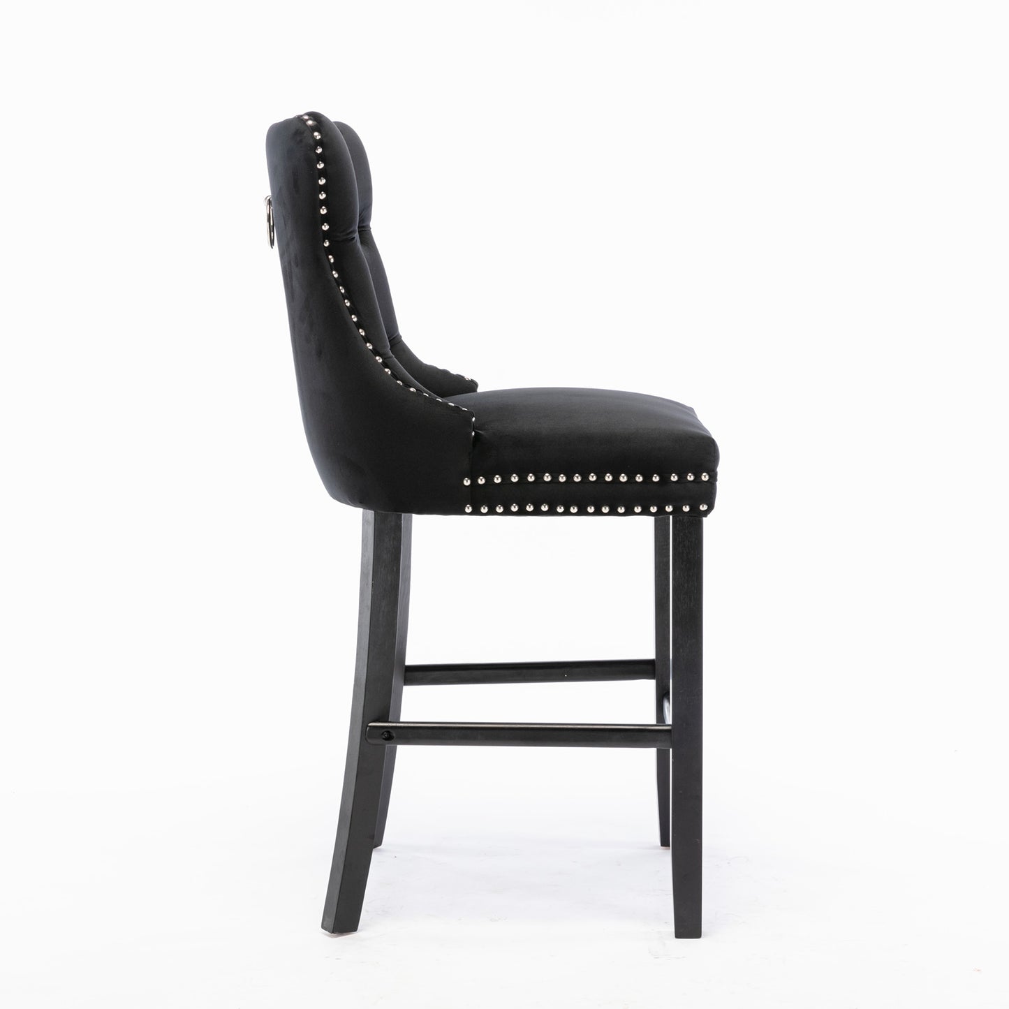 Contemporary Velvet Upholstered Barstools with Button Tufted Decoration and Wooden Legs, and Chrome Nailhead Trim, Leisure Style Bar Chairs,Bar stools, Set of 2 (Black),SW2002BK image 4