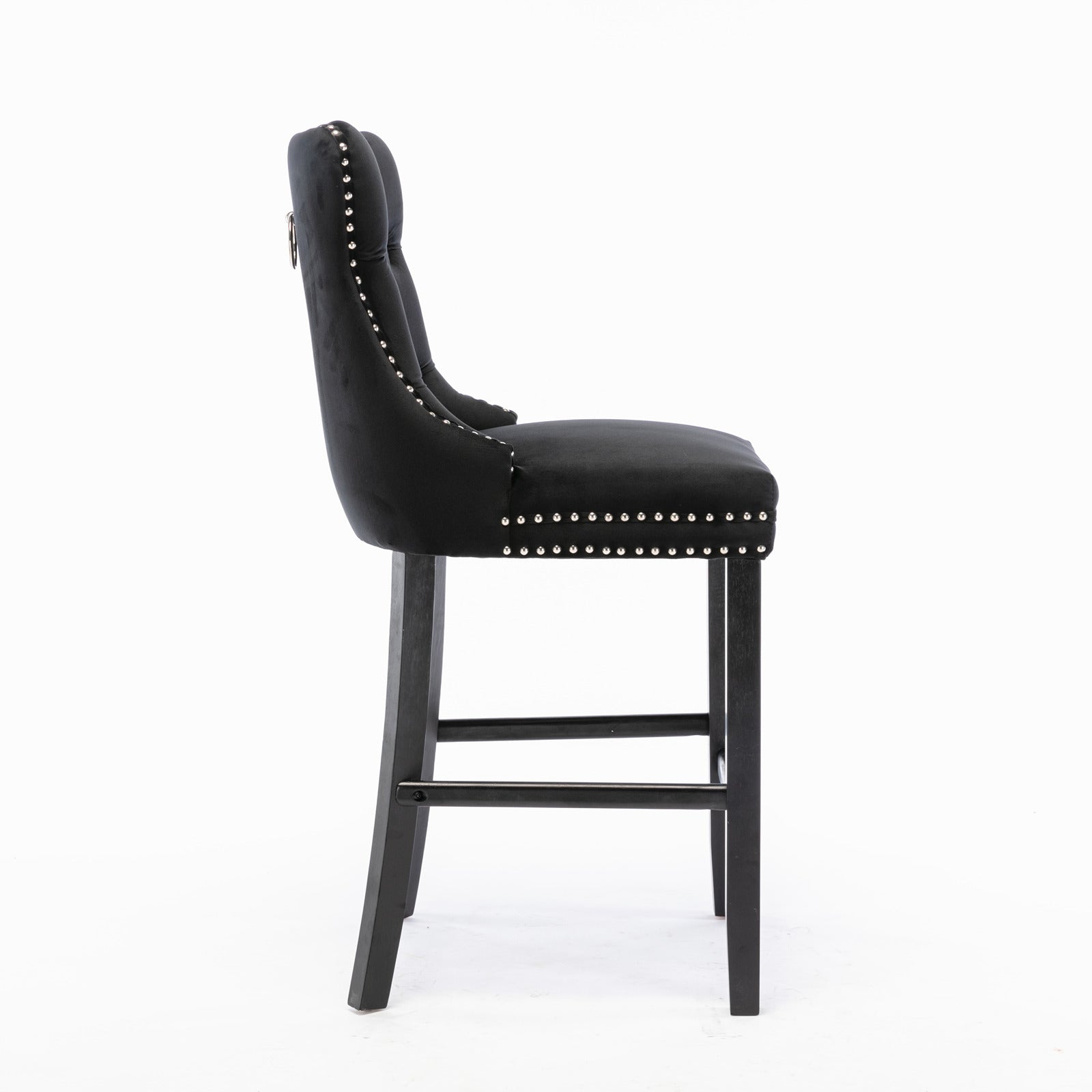 Contemporary Velvet Upholstered Barstools with Button Tufted Decoration and Wooden Legs, and Chrome Nailhead Trim, Leisure Style Bar Chairs,Bar stools, Set of 2 (Black),SW2002BK image 4