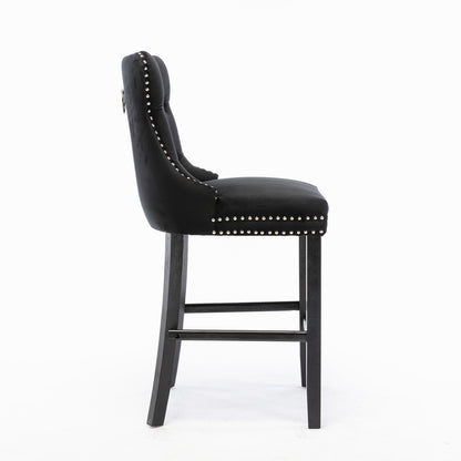 Contemporary Velvet Upholstered Barstools with Button Tufted Decoration and Wooden Legs, and Chrome Nailhead Trim, Leisure Style Bar Chairs,Bar stools, Set of 2 (Black),SW2002BK image 4