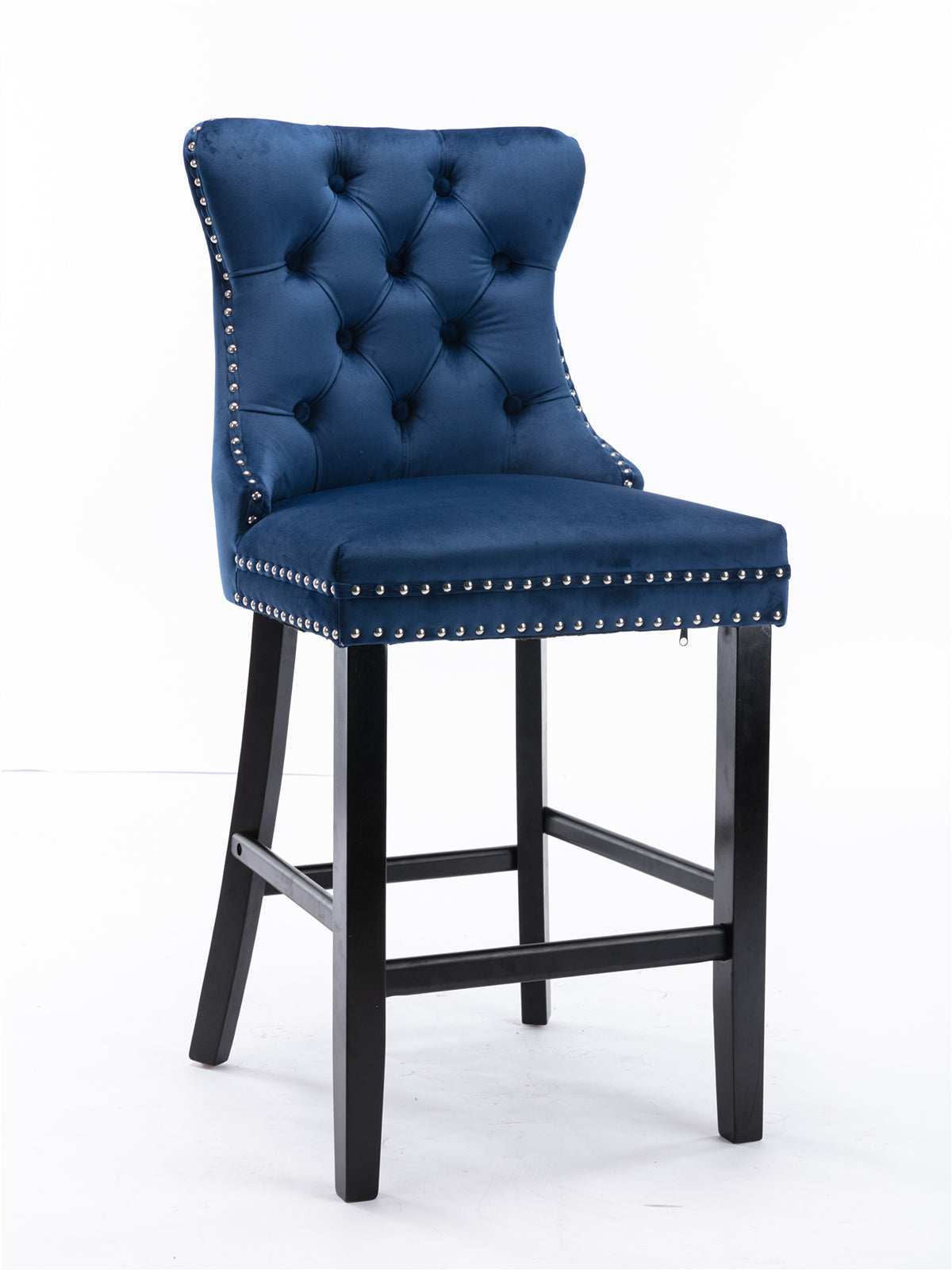 Contemporary Velvet Upholstered Barstools with Button Tufted Decoration and Wooden Legs, and Chrome Nailhead Trim, Leisure Style Bar Chairs,Bar stools, Set of 2 (Blue),SW2002BL image 3