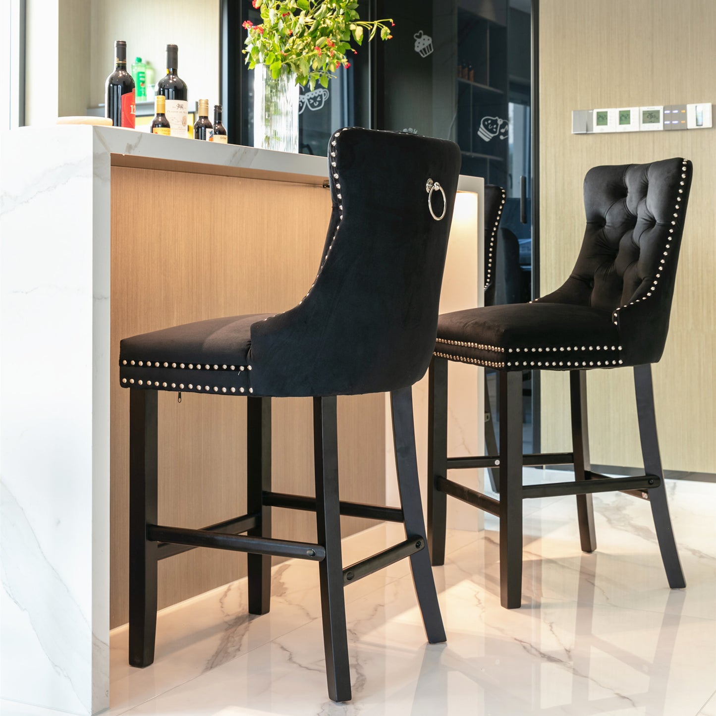 Contemporary Velvet Upholstered Barstools with Button Tufted Decoration and Wooden Legs, and Chrome Nailhead Trim, Leisure Style Bar Chairs,Bar stools, Set of 2 (Black),SW2002BK image 11