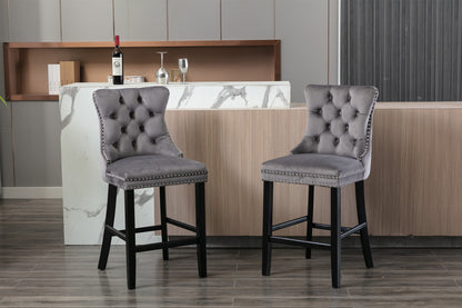 Contemporary Velvet Upholstered Barstools with Button Tufted Decoration and Wooden Legs, and Chrome Nailhead Trim, Leisure Style Bar Chairs,Bar stools, Set of 2 (Gray),SW1902GY image 12