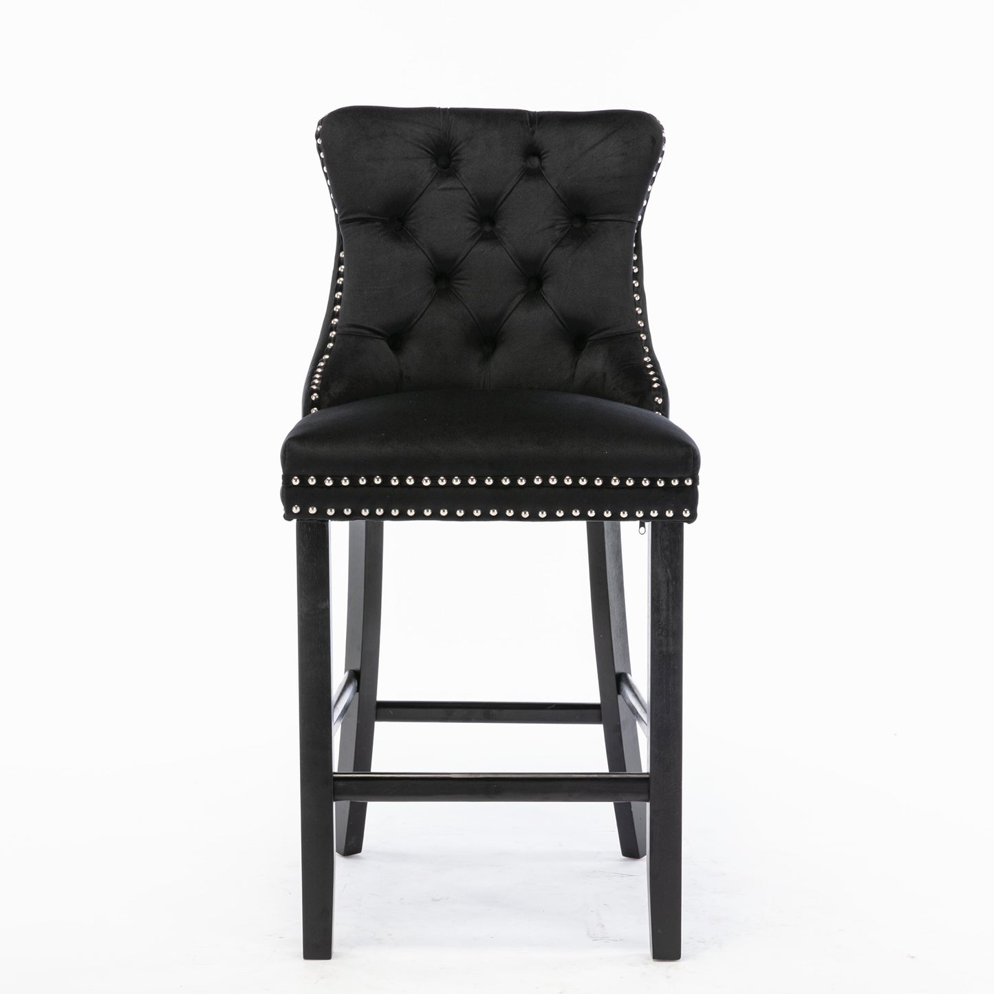 Contemporary Velvet Upholstered Barstools with Button Tufted Decoration and Wooden Legs, and Chrome Nailhead Trim, Leisure Style Bar Chairs,Bar stools, Set of 2 (Black),SW2002BK image 2