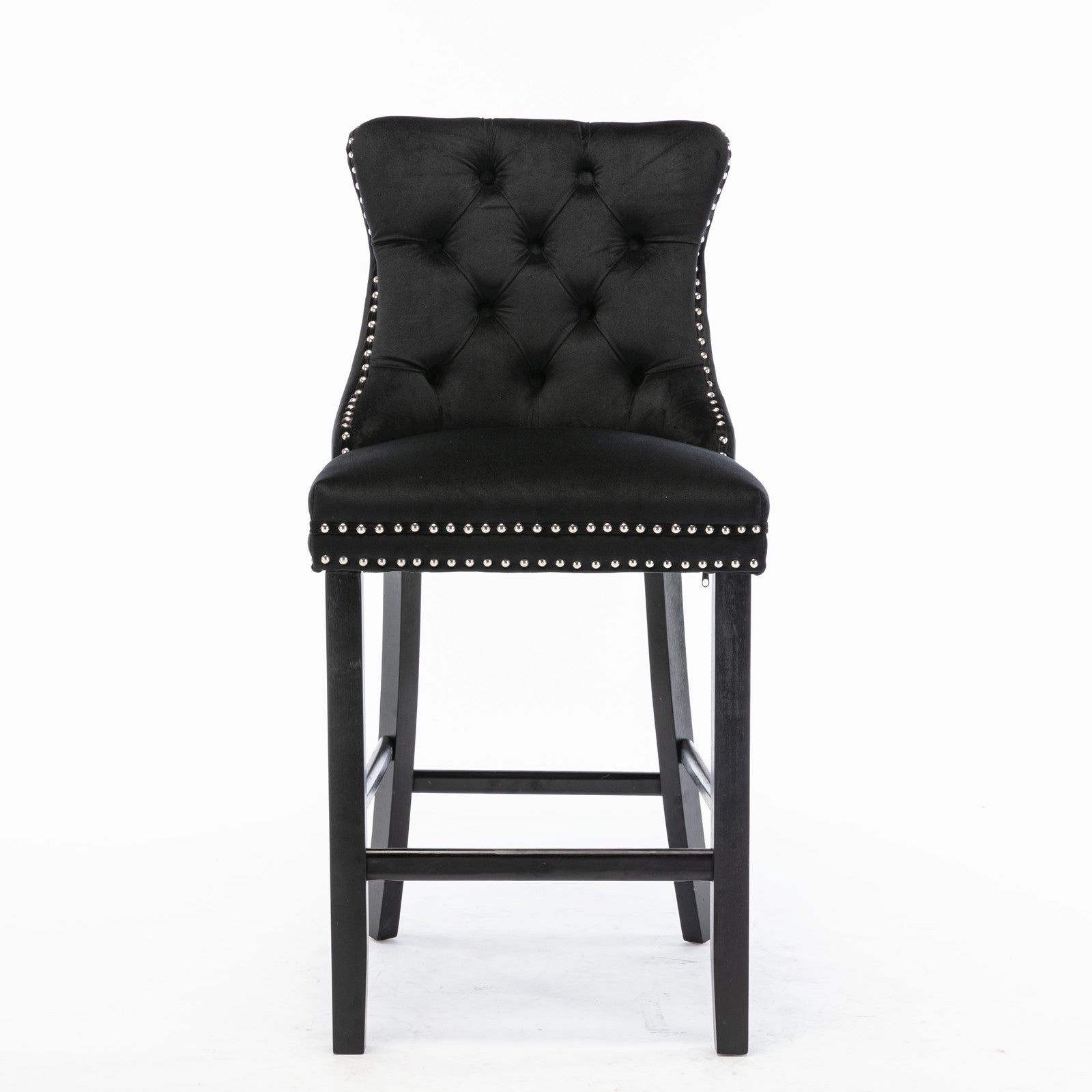 Contemporary Velvet Upholstered Barstools with Button Tufted Decoration and Wooden Legs, and Chrome Nailhead Trim, Leisure Style Bar Chairs,Bar stools, Set of 2 (Black),SW2002BK image 2