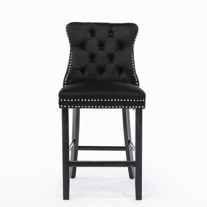 Contemporary Velvet Upholstered Barstools with Button Tufted Decoration and Wooden Legs, and Chrome Nailhead Trim, Leisure Style Bar Chairs,Bar stools, Set of 2 (Black),SW2002BK image 2