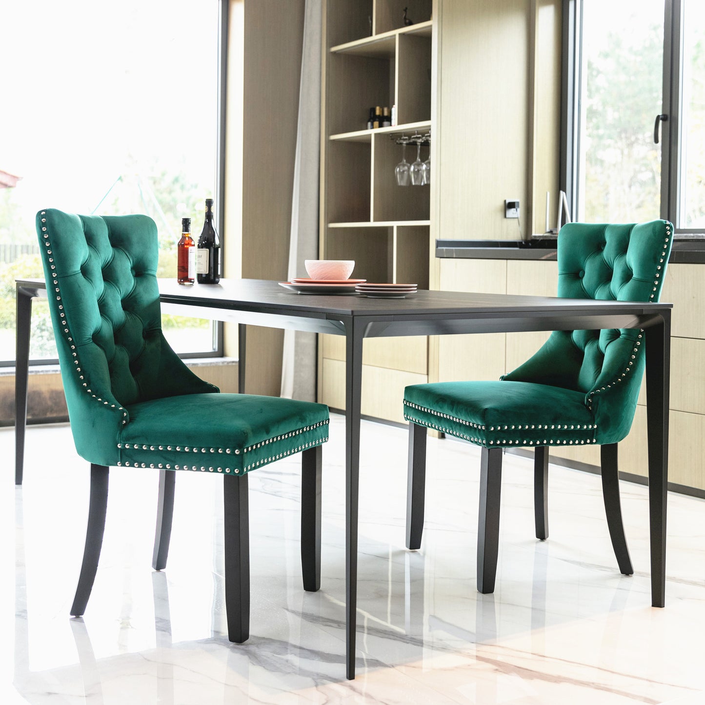 Nikki Collection Modern, High-end Tufted Solid Wood Contemporary Velvet Upholstered Dining Chair with Wood Legs Nailhead Trim 2-Pcs Set,Green, SW2001GN image 1
