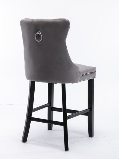 Contemporary Velvet Upholstered Barstools with Button Tufted Decoration and Wooden Legs, and Chrome Nailhead Trim, Leisure Style Bar Chairs,Bar stools, Set of 2 (Gray),SW1902GY image 5