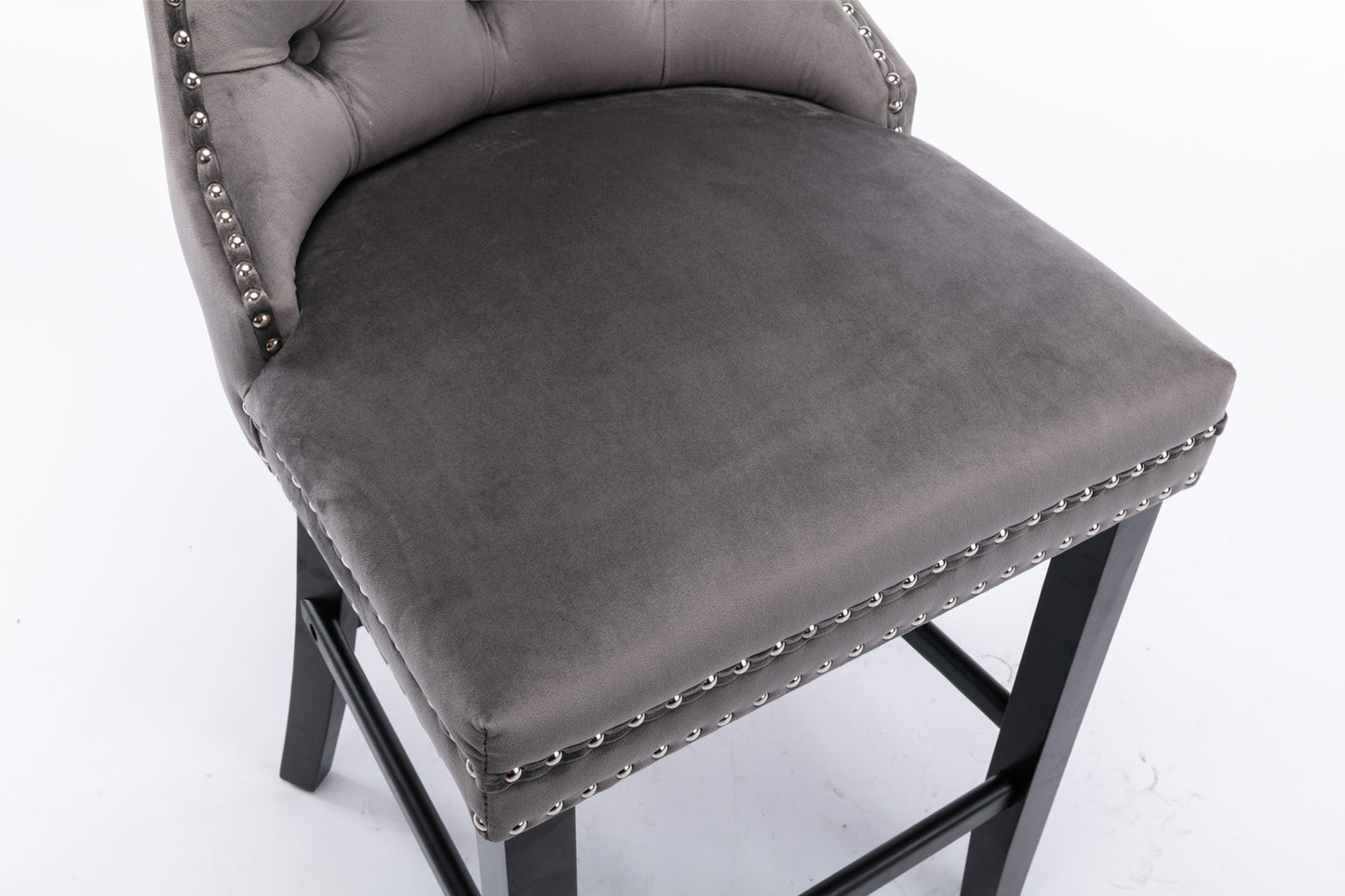 Contemporary Velvet Upholstered Barstools with Button Tufted Decoration and Wooden Legs, and Chrome Nailhead Trim, Leisure Style Bar Chairs,Bar stools, Set of 2 (Gray),SW1902GY image 9