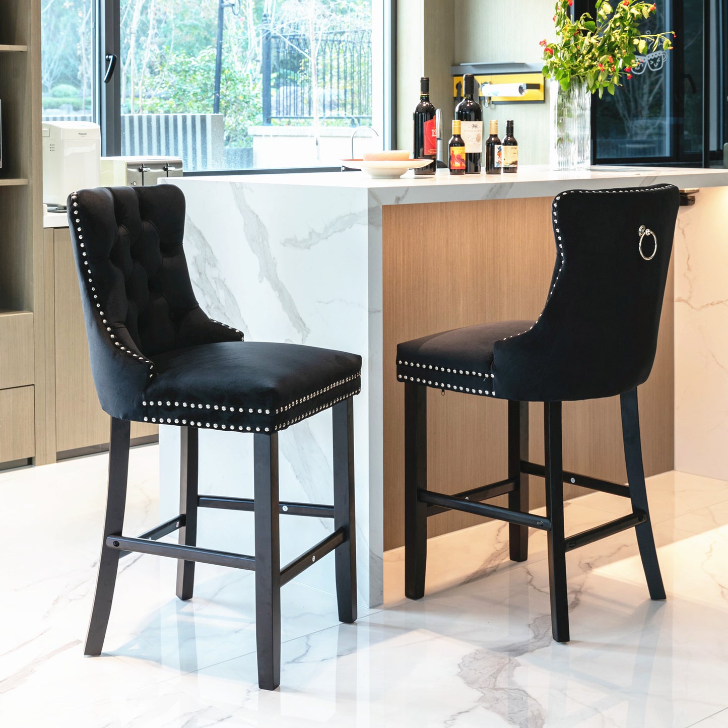 Contemporary Velvet Upholstered Barstools with Button Tufted Decoration and Wooden Legs, and Chrome Nailhead Trim, Leisure Style Bar Chairs,Bar stools, Set of 2 (Black),SW2002BK image 1