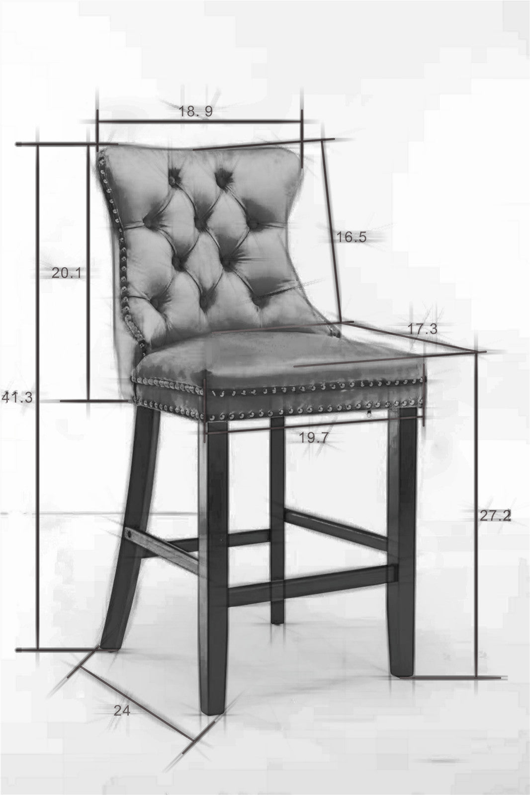Contemporary Velvet Upholstered Barstools with Button Tufted Decoration and Wooden Legs, and Chrome Nailhead Trim, Leisure Style Bar Chairs,Bar stools, Set of 2 (Black),SW2002BK image 7
