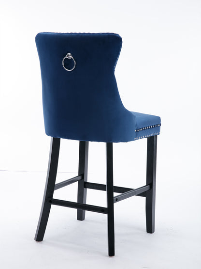 Contemporary Velvet Upholstered Barstools with Button Tufted Decoration and Wooden Legs, and Chrome Nailhead Trim, Leisure Style Bar Chairs,Bar stools, Set of 2 (Blue),SW2002BL image 5