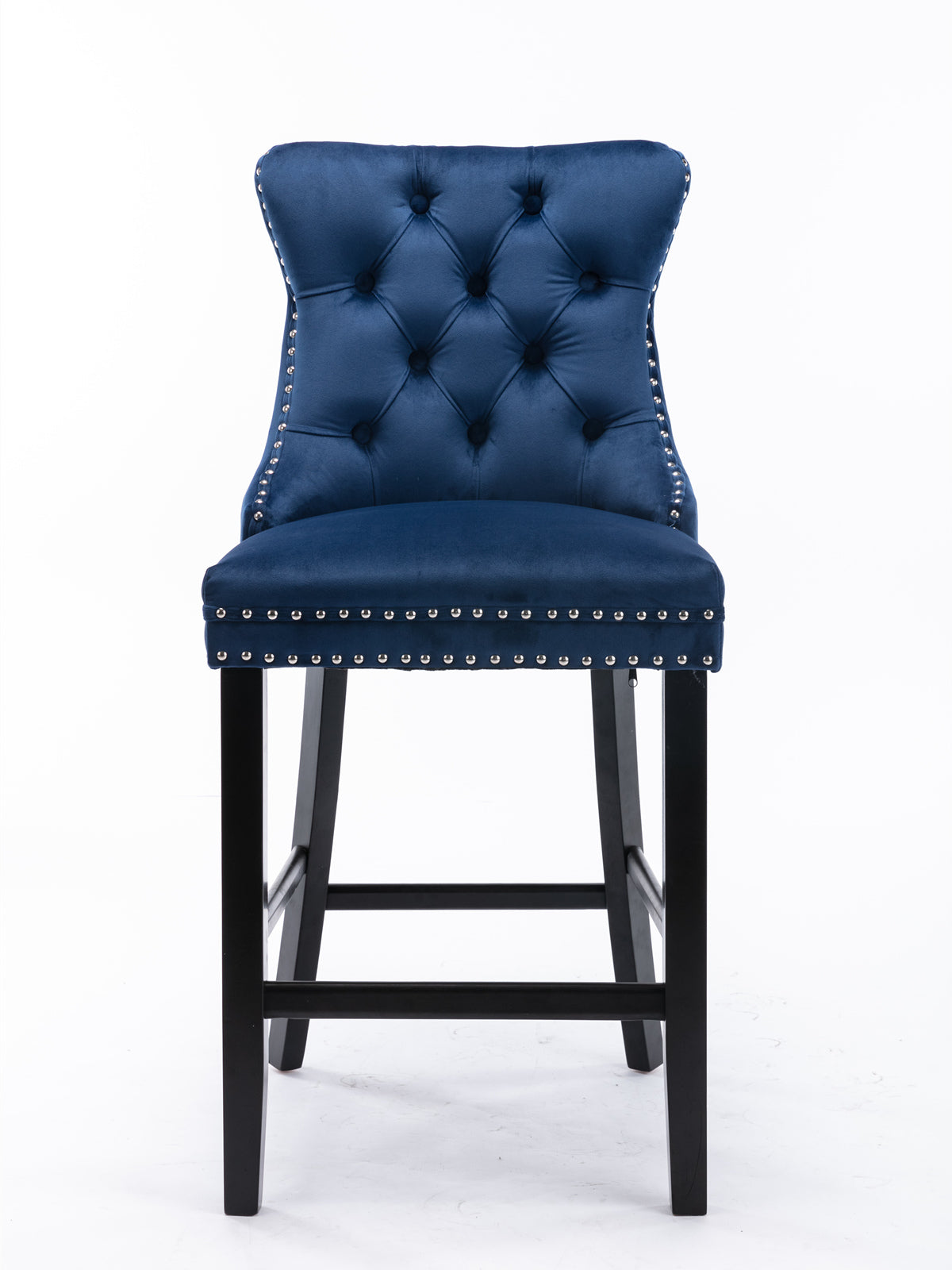 Contemporary Velvet Upholstered Barstools with Button Tufted Decoration and Wooden Legs, and Chrome Nailhead Trim, Leisure Style Bar Chairs,Bar stools, Set of 2 (Blue),SW2002BL image 2